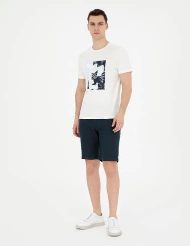 Lacivert Slim Fit %100 Keten Beli Lastikli Bağcıklı Dokuma Şort