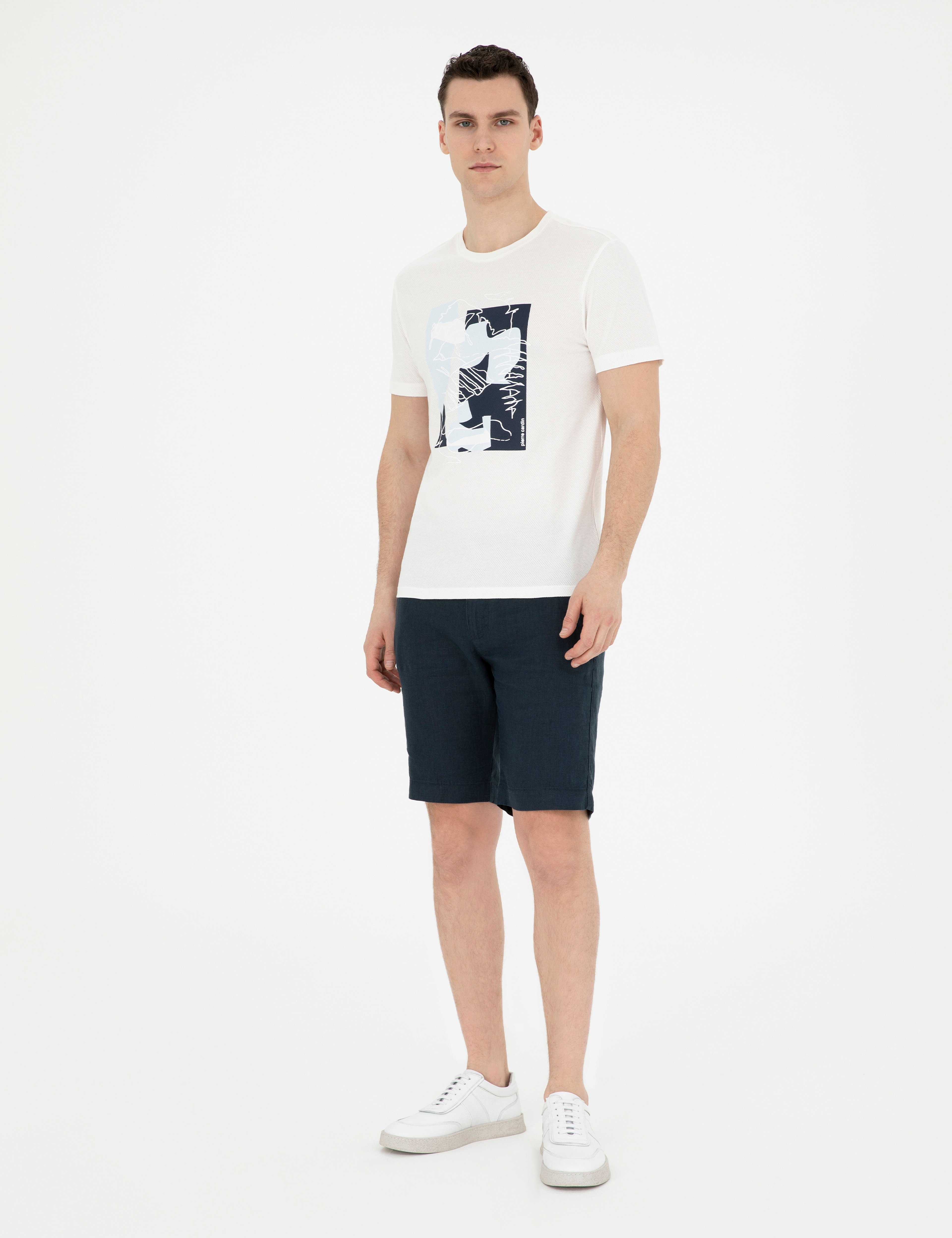 Lacivert Slim Fit %100 Keten Beli Lastikli Bağcıklı Dokuma Şort