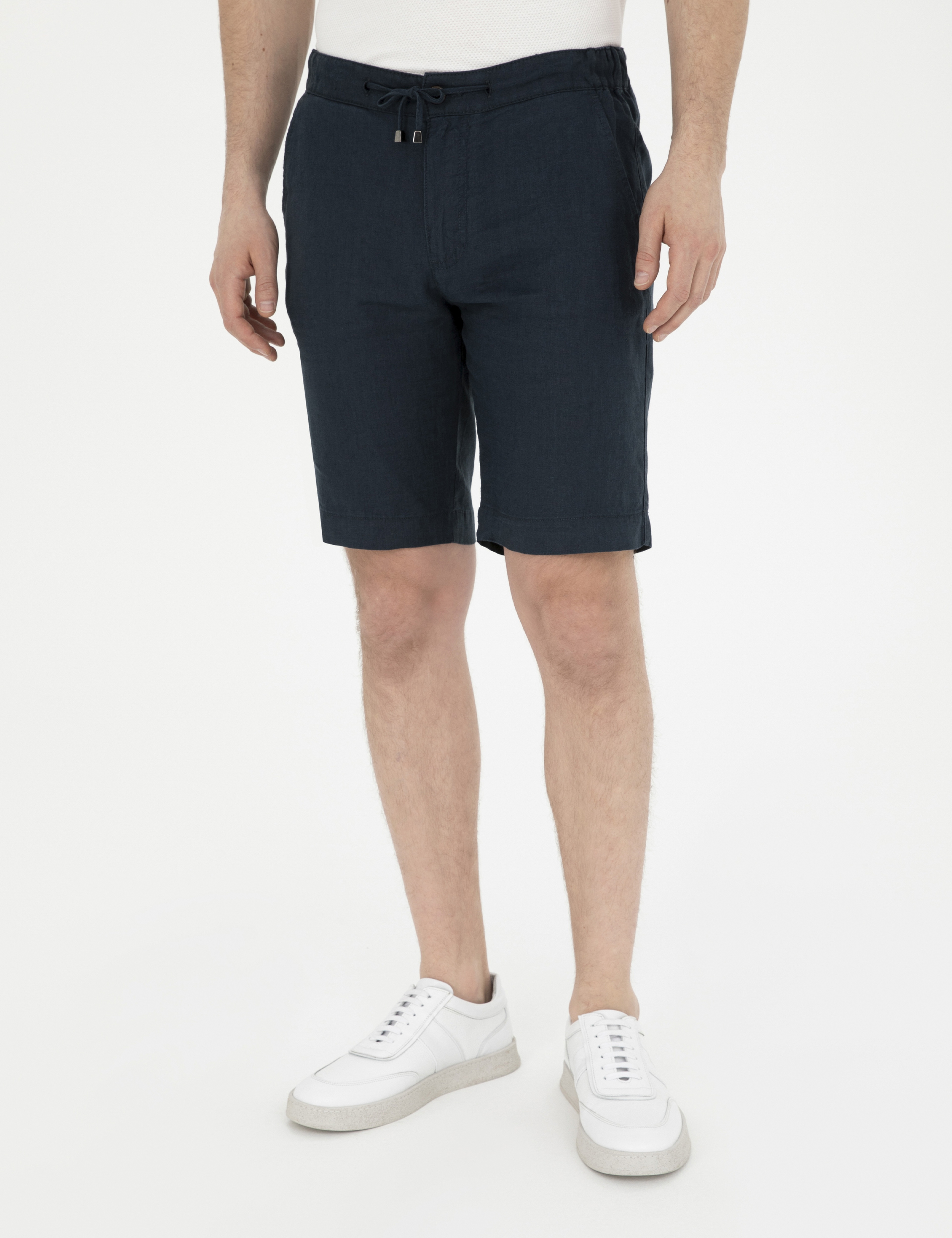 Lacivert Slim Fit %100 Keten Beli Lastikli Bağcıklı Dokuma Şort - Image 2