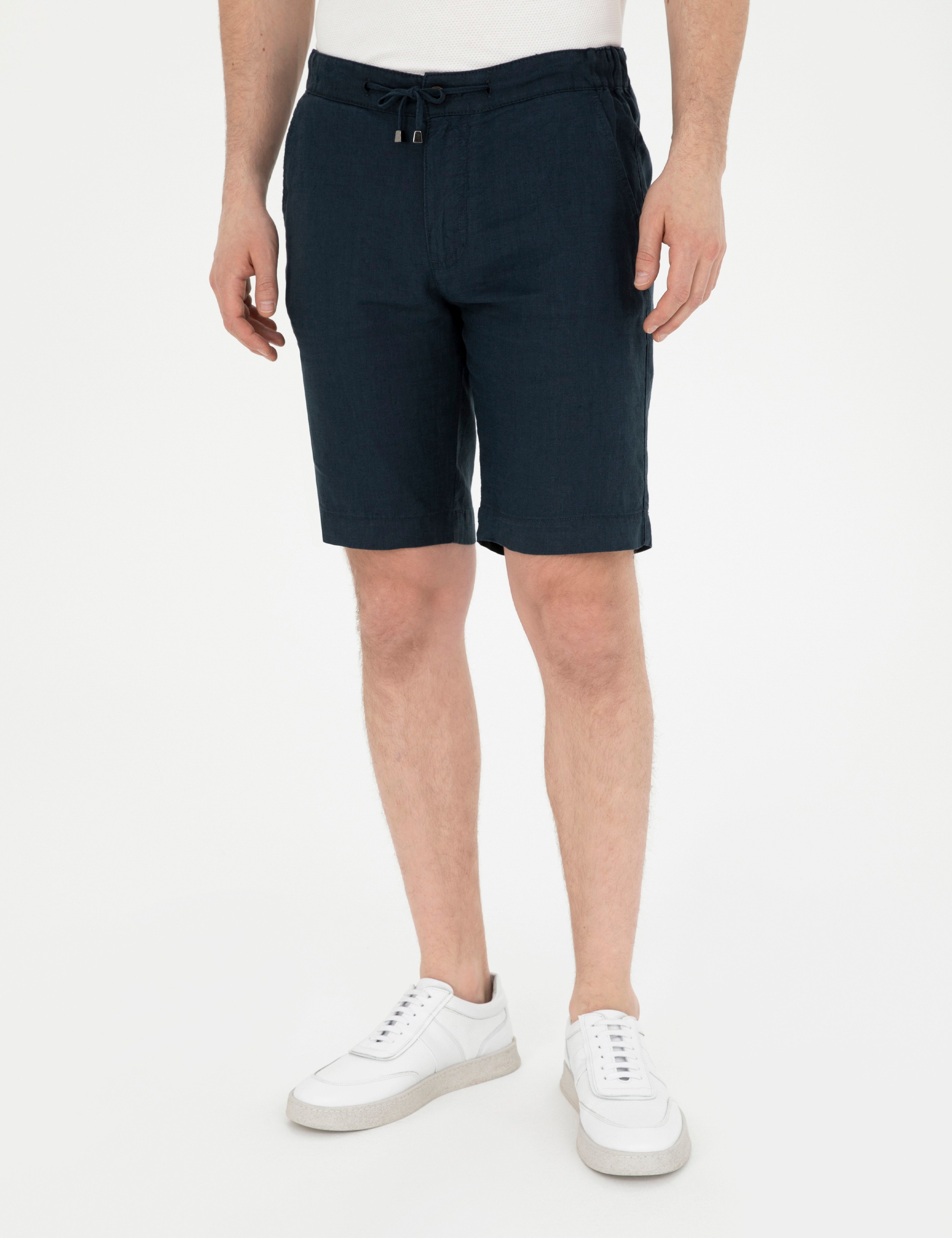 Lacivert Slim Fit %100 Keten Beli Lastikli Bağcıklı Dokuma Şort