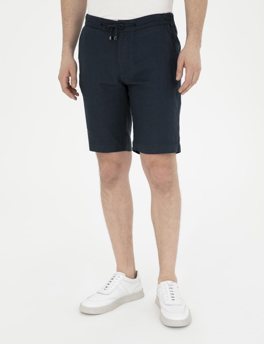 Lacivert Slim Fit %100 Keten Beli Lastikli Bağcıklı Dokuma Şort