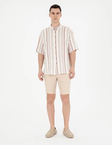 Kahverengi Slim Fit Keten Karışımlı Dokuma Şort