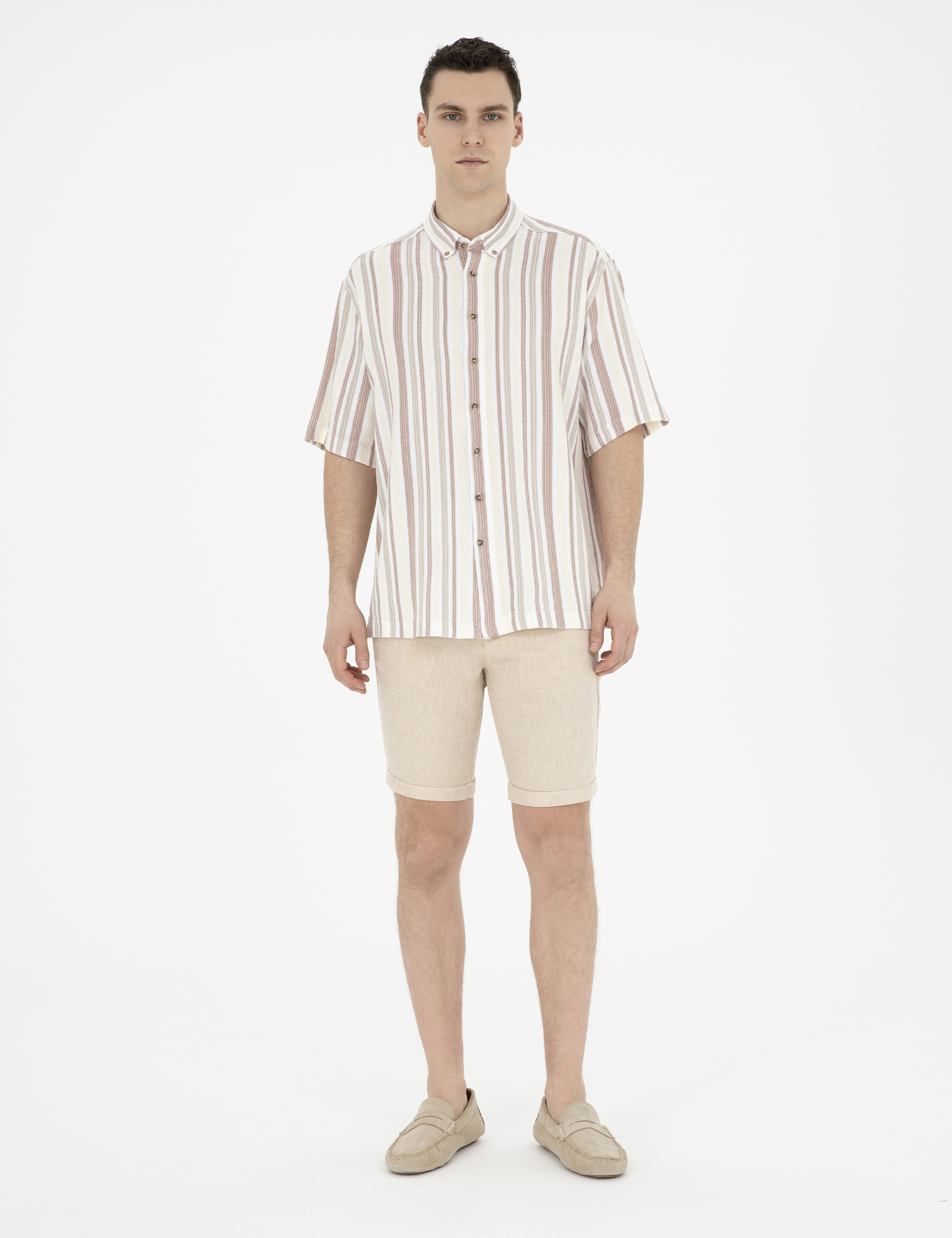 Kahverengi Slim Fit Keten Karışımlı Dokuma Şort