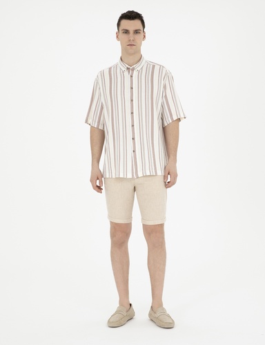 Kahverengi Slim Fit Keten Karışımlı Dokuma Şort