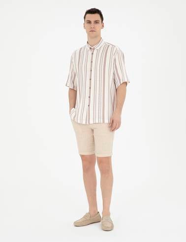 Kahverengi Slim Fit Keten Karışımlı Dokuma Şort