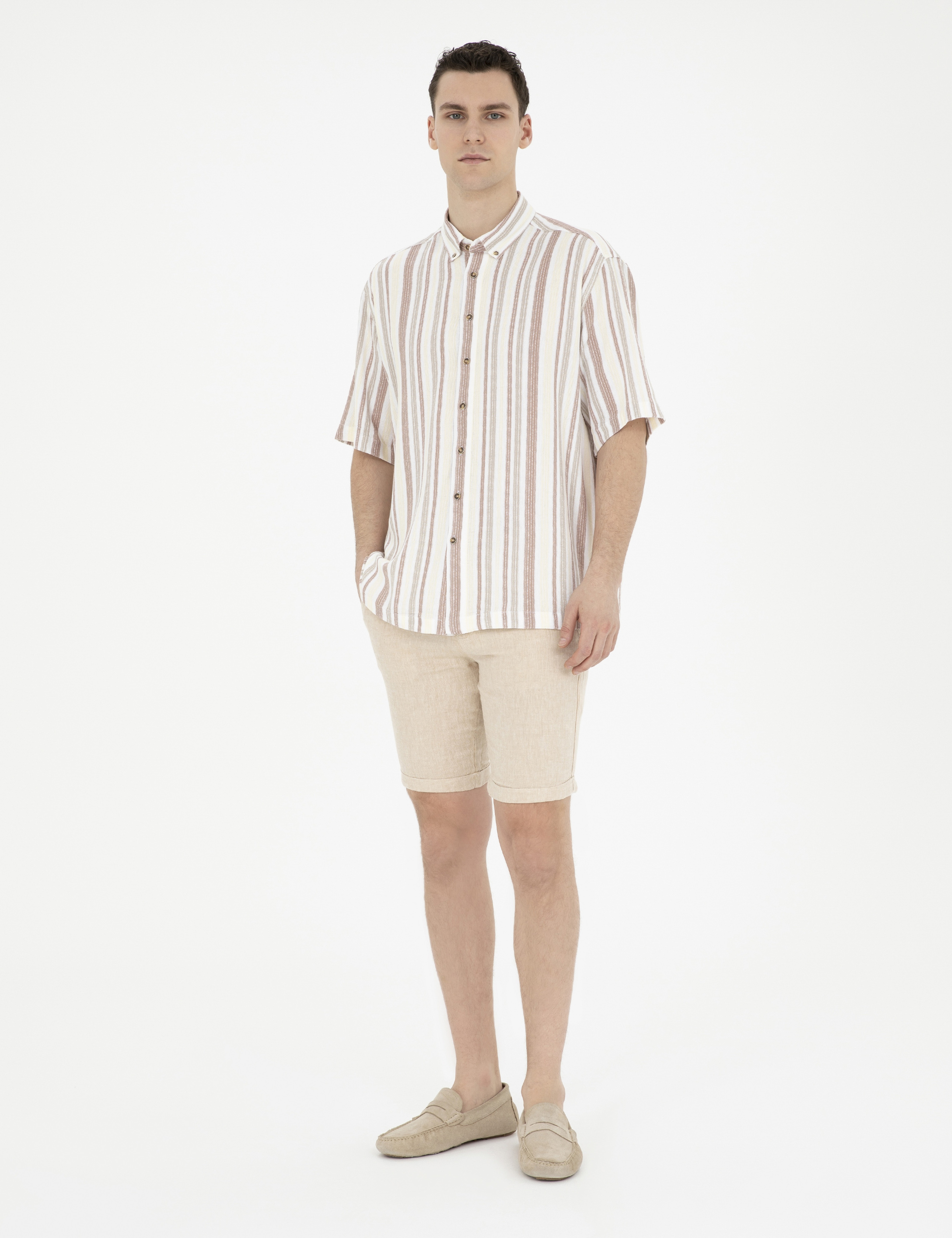Kahverengi Slim Fit Keten Karışımlı Dokuma Şort - Image 3