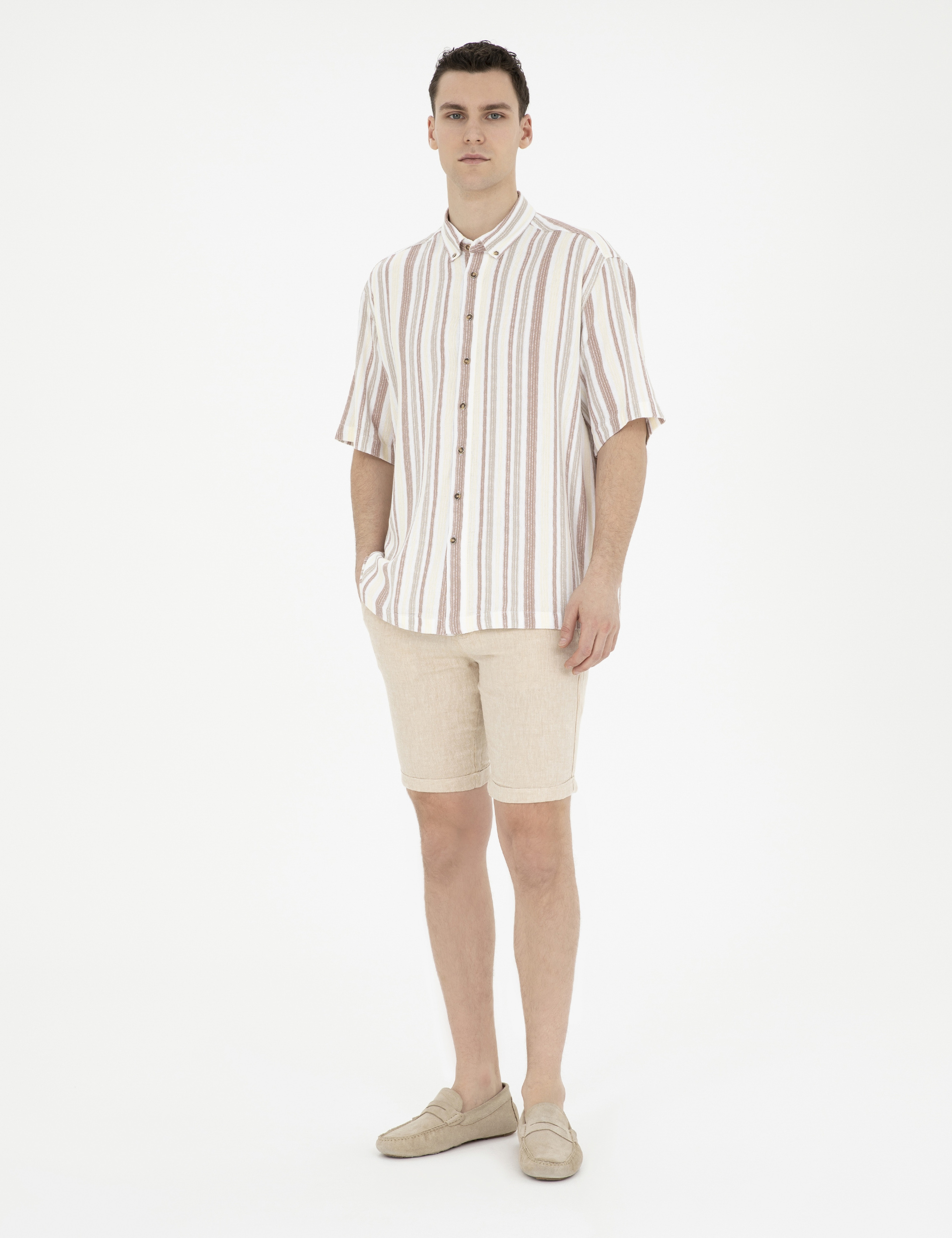 Kahverengi Slim Fit Keten Karışımlı Dokuma Şort