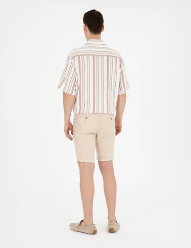 Kahverengi Slim Fit Keten Karışımlı Dokuma Şort
