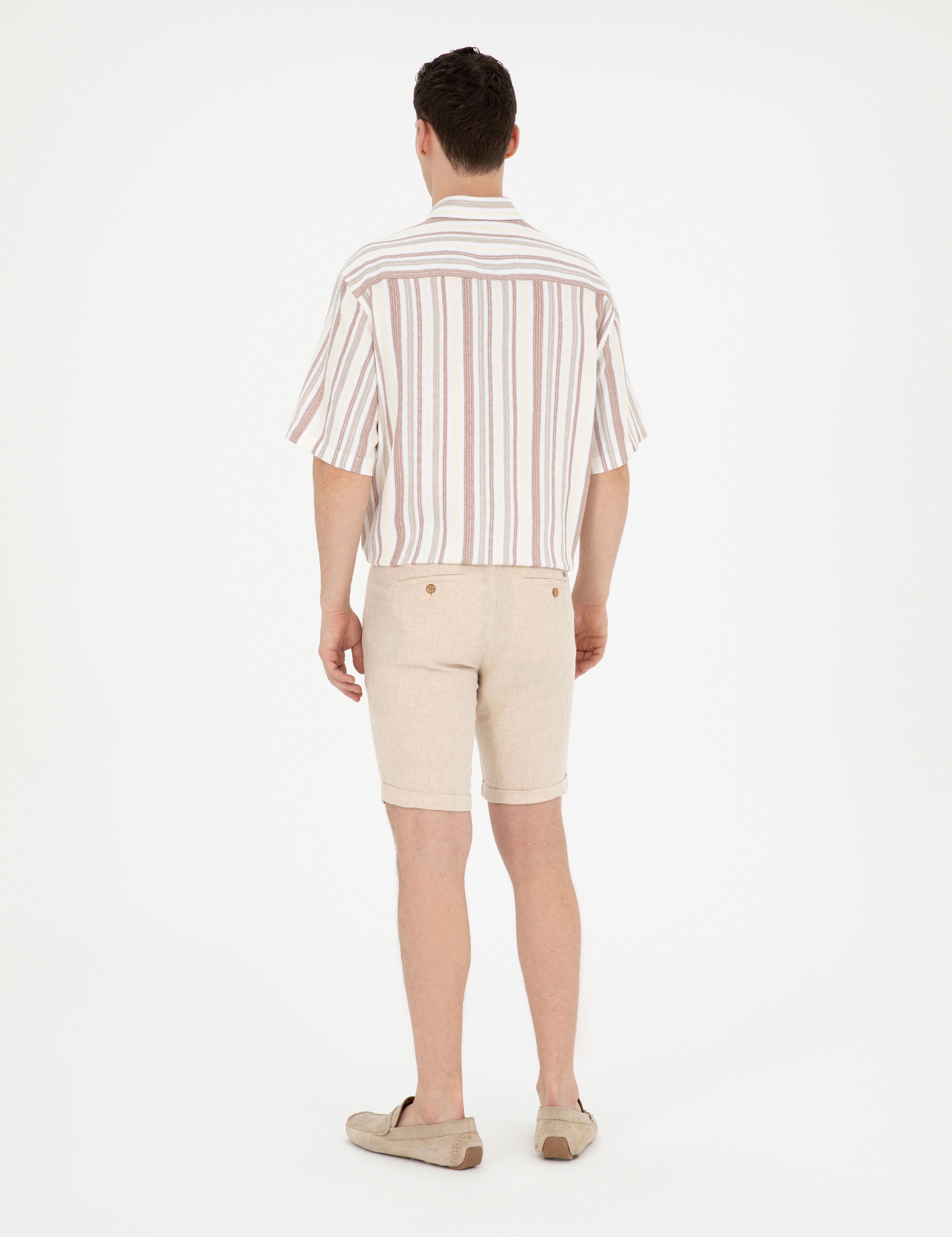 Kahverengi Slim Fit Keten Karışımlı Dokuma Şort - Image 4
