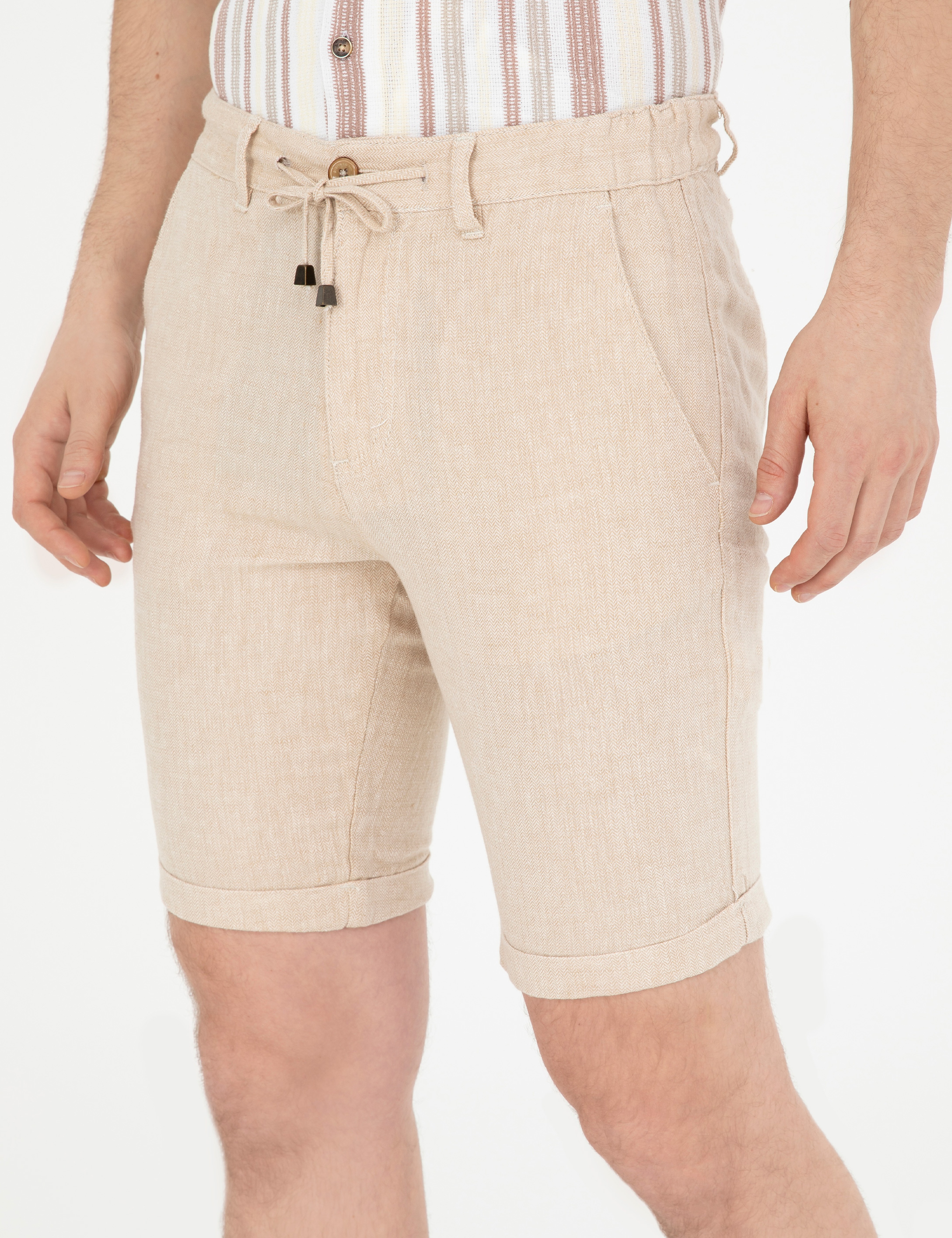 Kahverengi Slim Fit Keten Karışımlı Dokuma Şort - Image 6