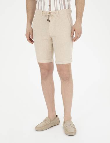Kahverengi Slim Fit Keten Karışımlı Dokuma Şort