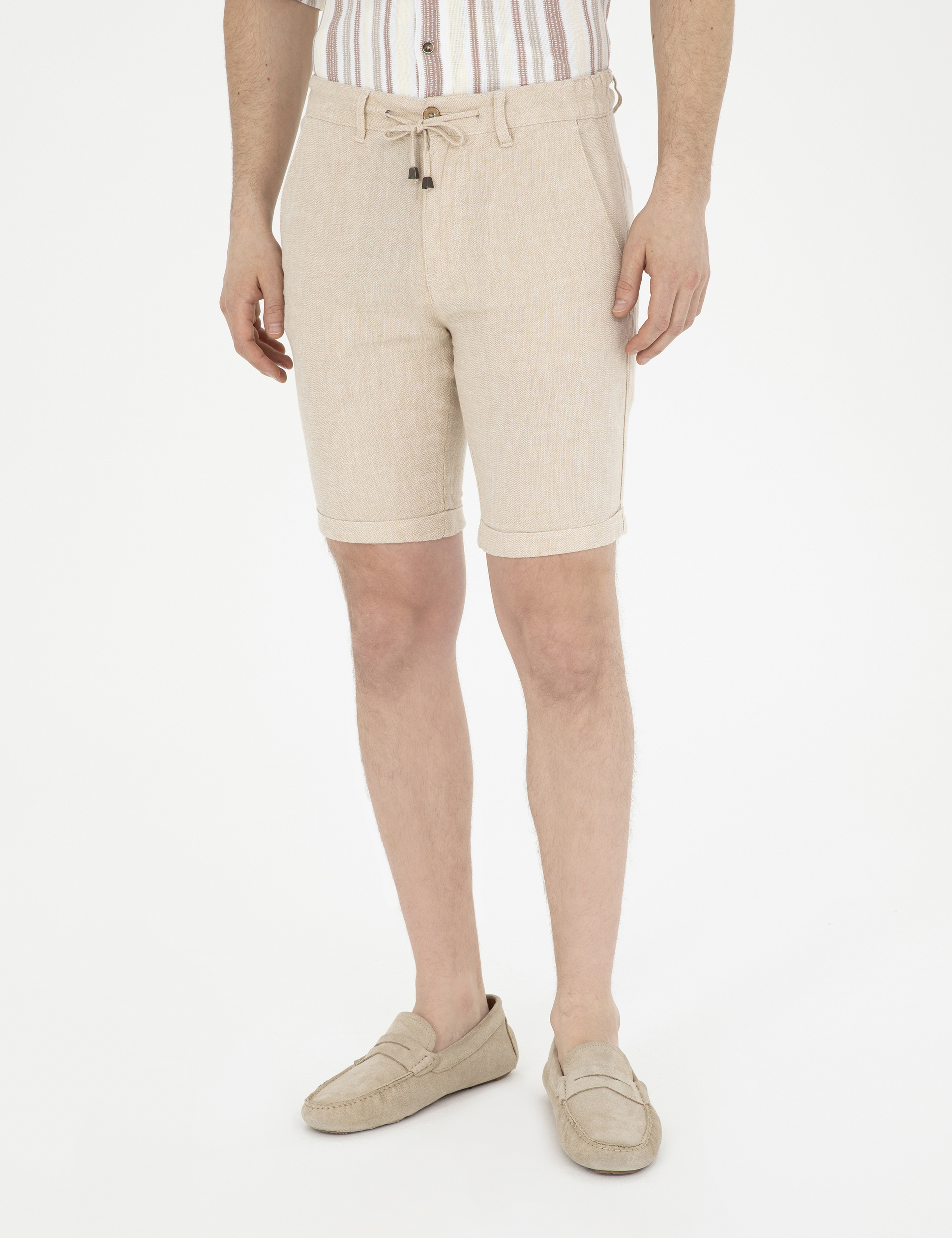 Kahverengi Slim Fit Keten Karışımlı Dokuma Şort - Image 2