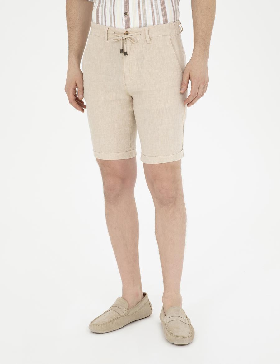 Kahverengi Slim Fit Keten Karışımlı Dokuma Şort