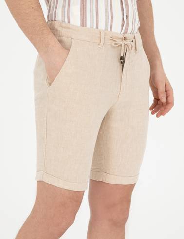 Kahverengi Slim Fit Keten Karışımlı Dokuma Şort