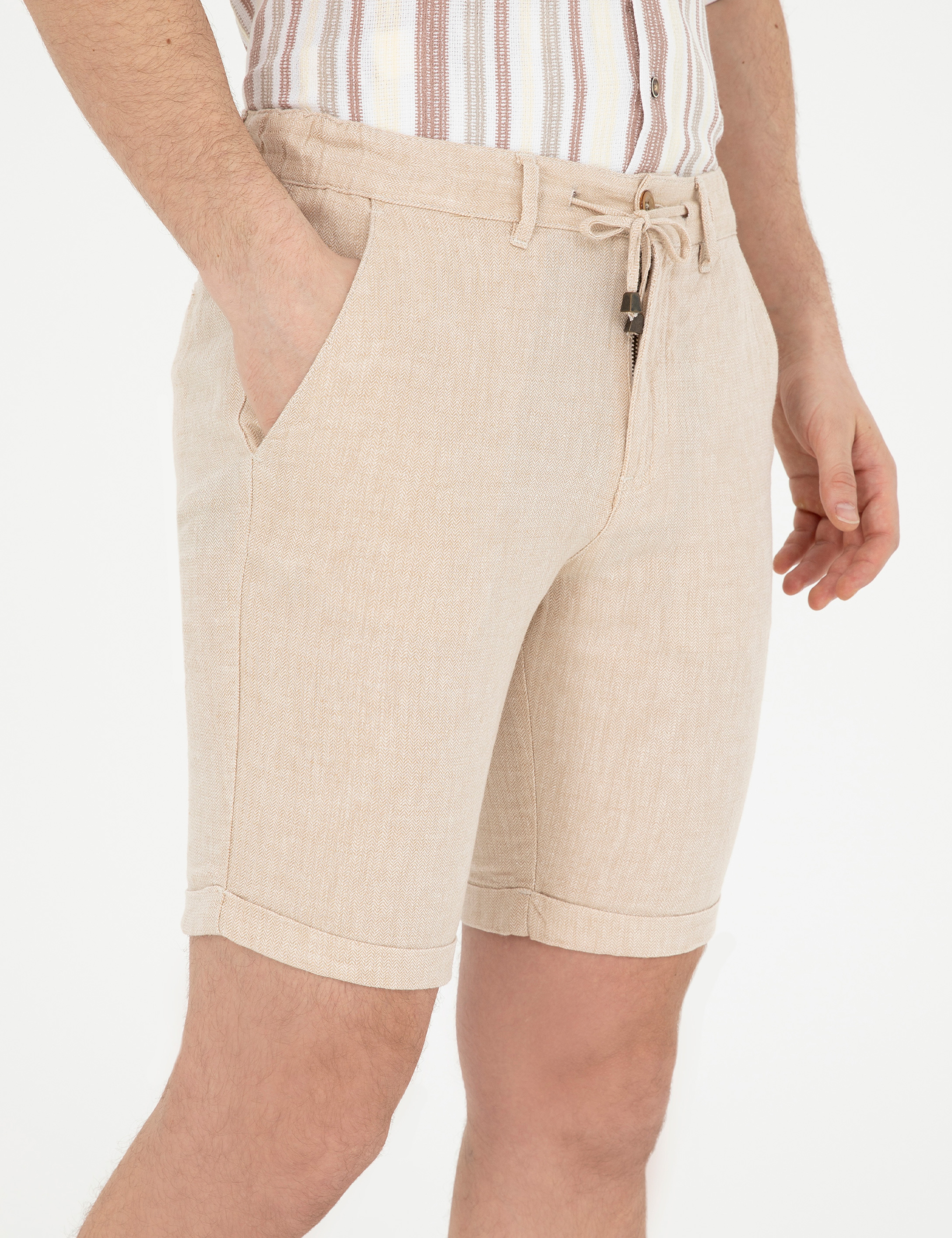 Kahverengi Slim Fit Keten Karışımlı Dokuma Şort - Image 5