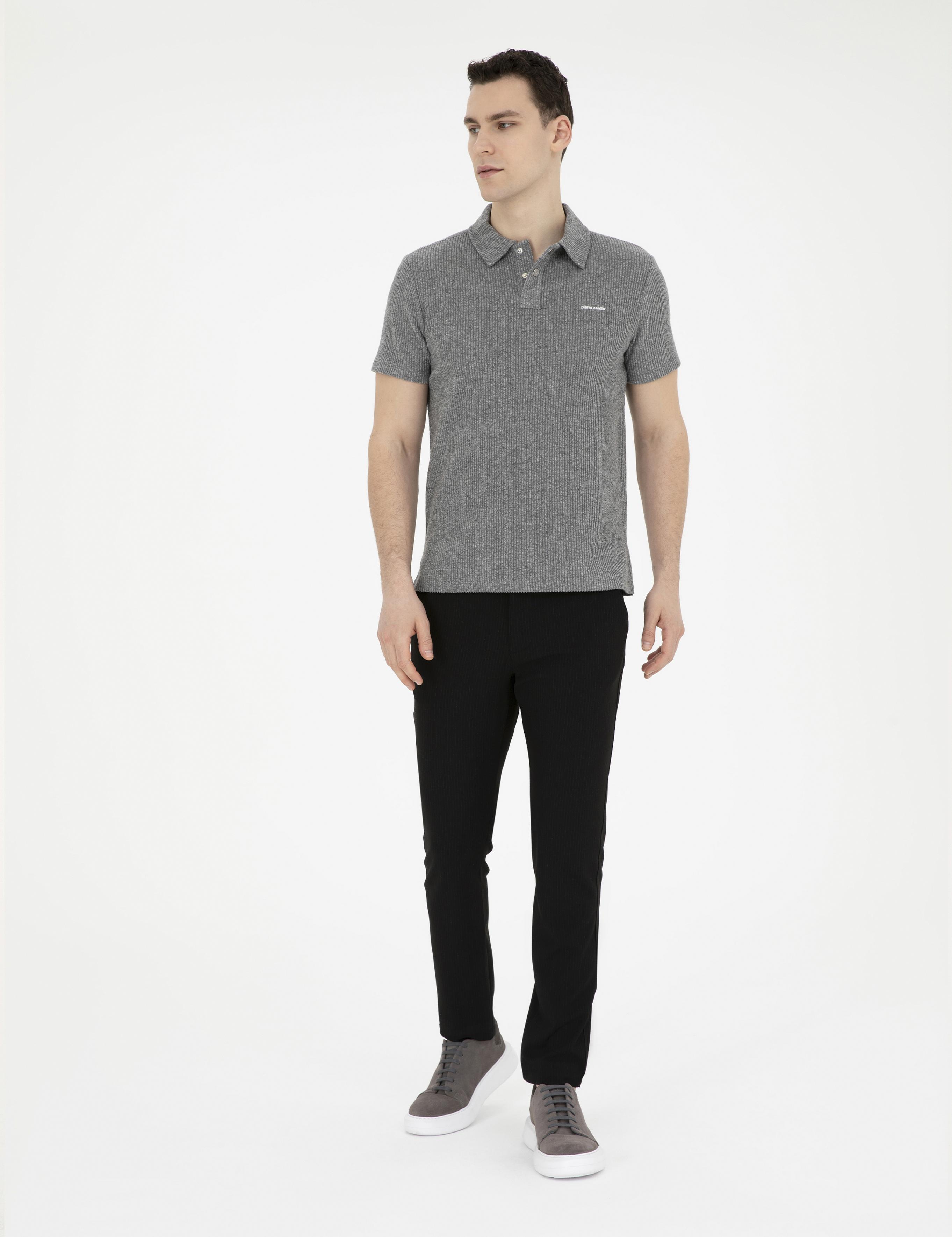 Siyah Slim Fit Kanvas Çizgili Pantolon