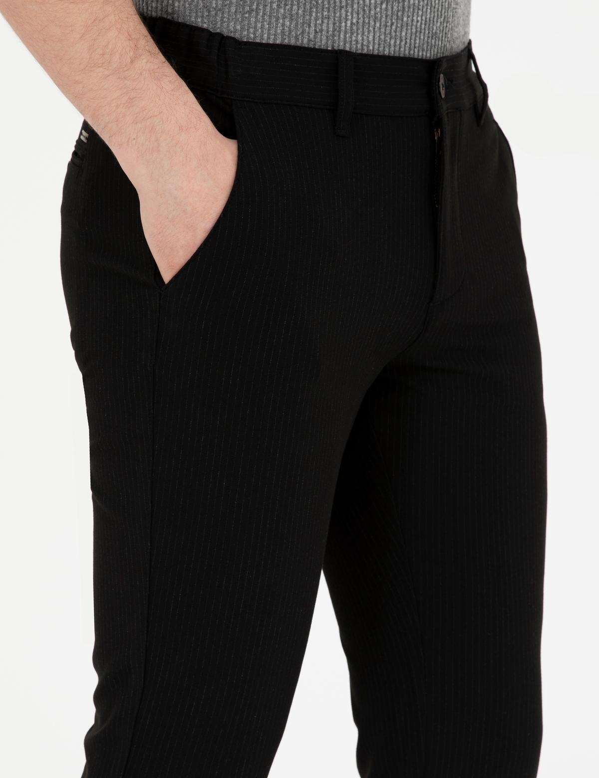 Siyah Slim Fit Kanvas Çizgili Pantolon - 50291518143