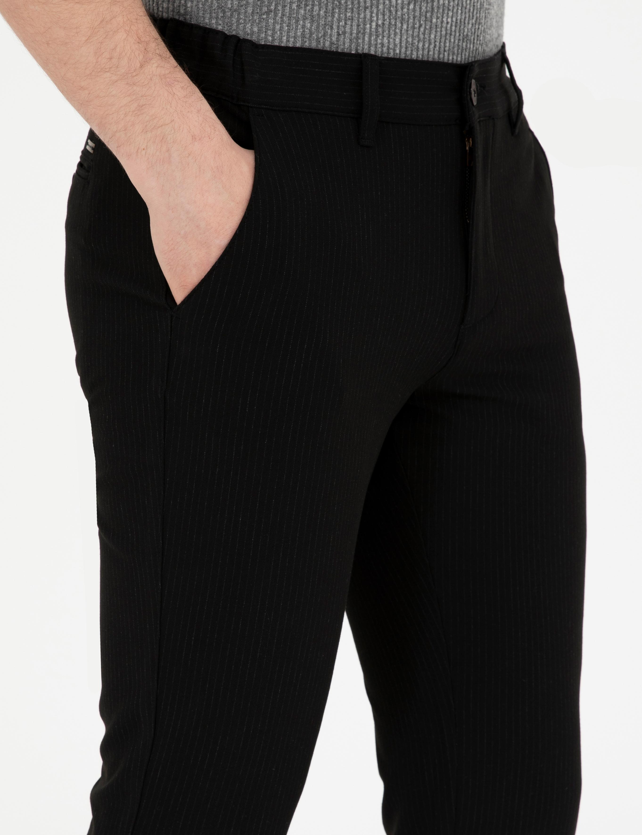 Siyah Slim Fit Kanvas Çizgili Pantolon