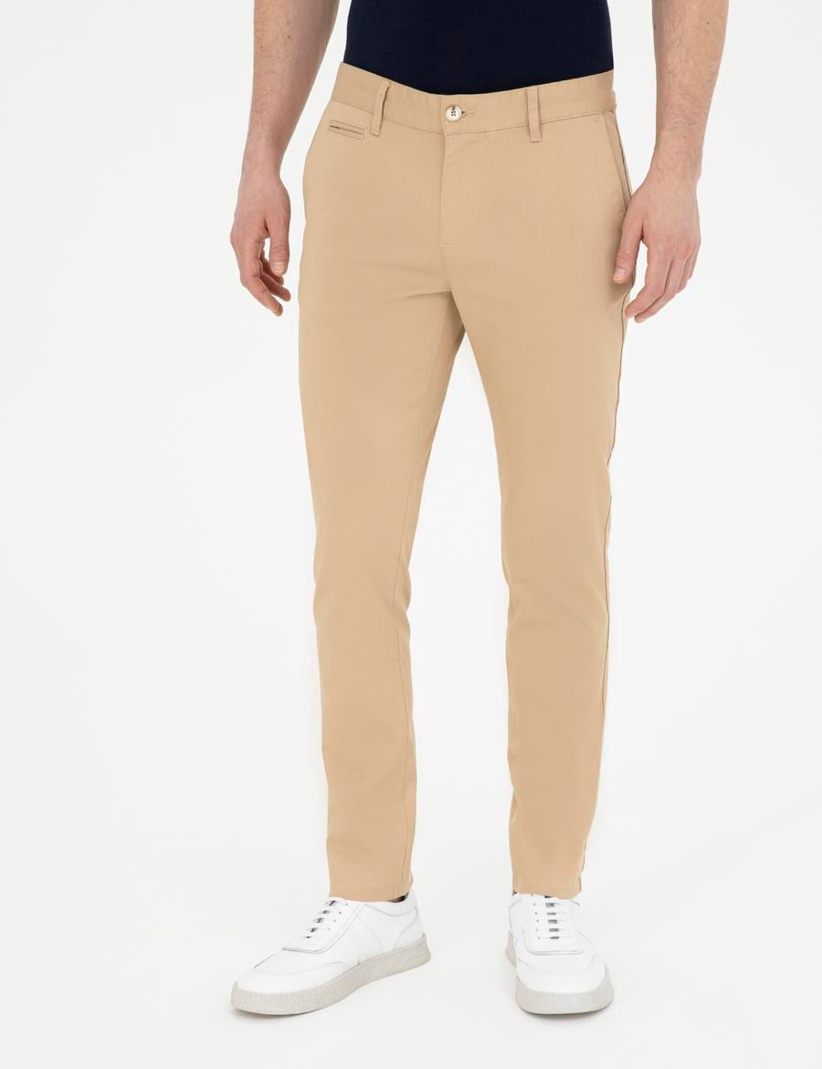 Camel Armürlü Slim Fit Kanvas Pantolon