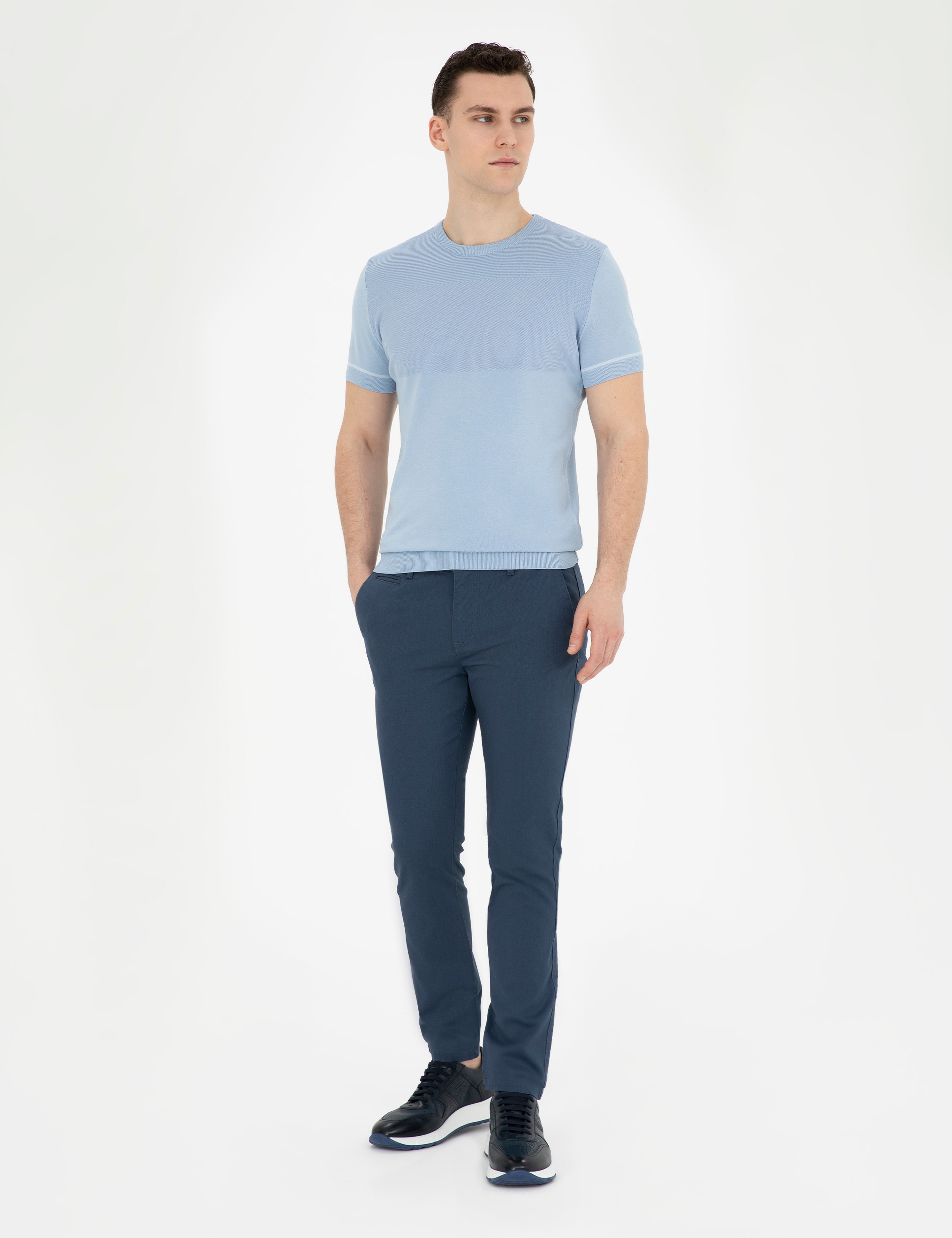 İndigo Armürlü Slim Fit Kanvas Pantolon - Image 3