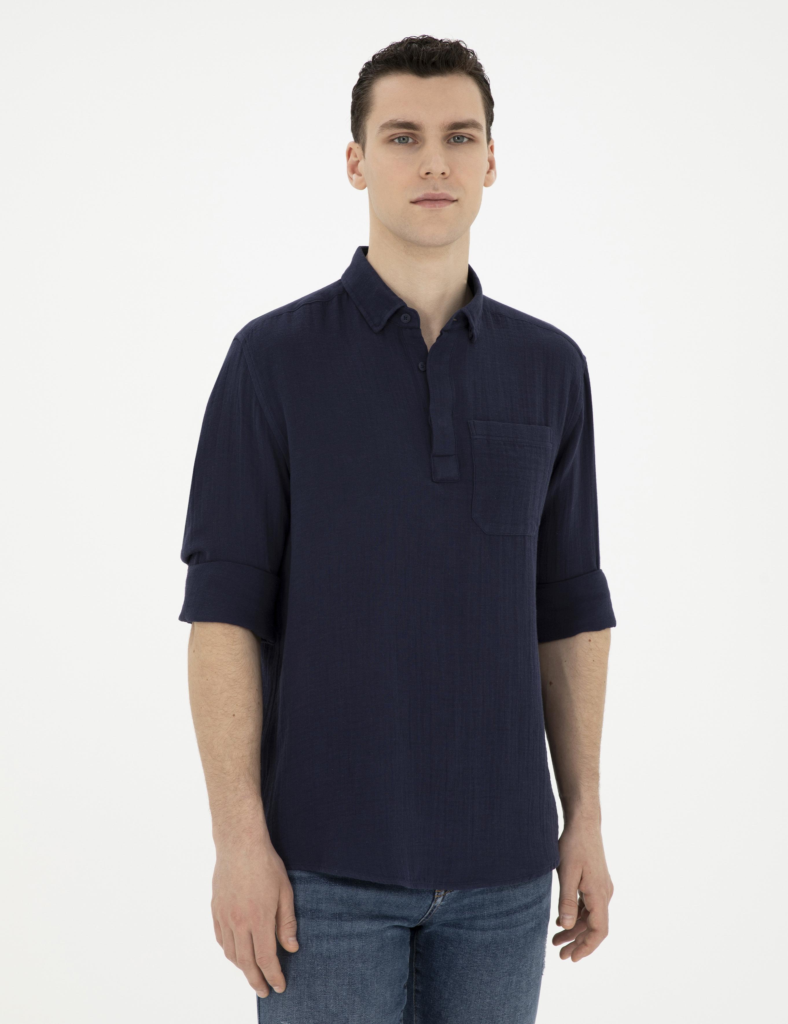 Lacivert Comfort Fit Uzun Kollu Gömlek