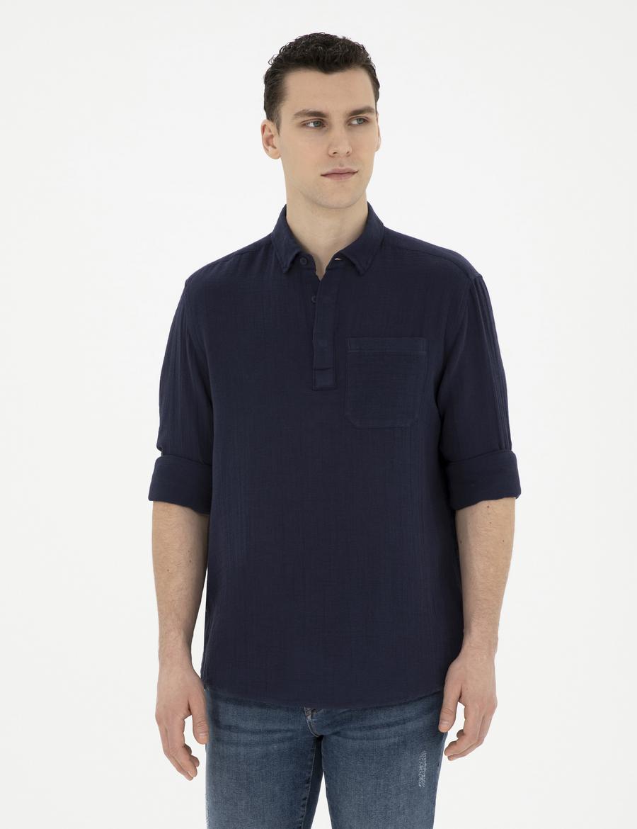 Lacivert Comfort Fit Uzun Kollu Gömlek