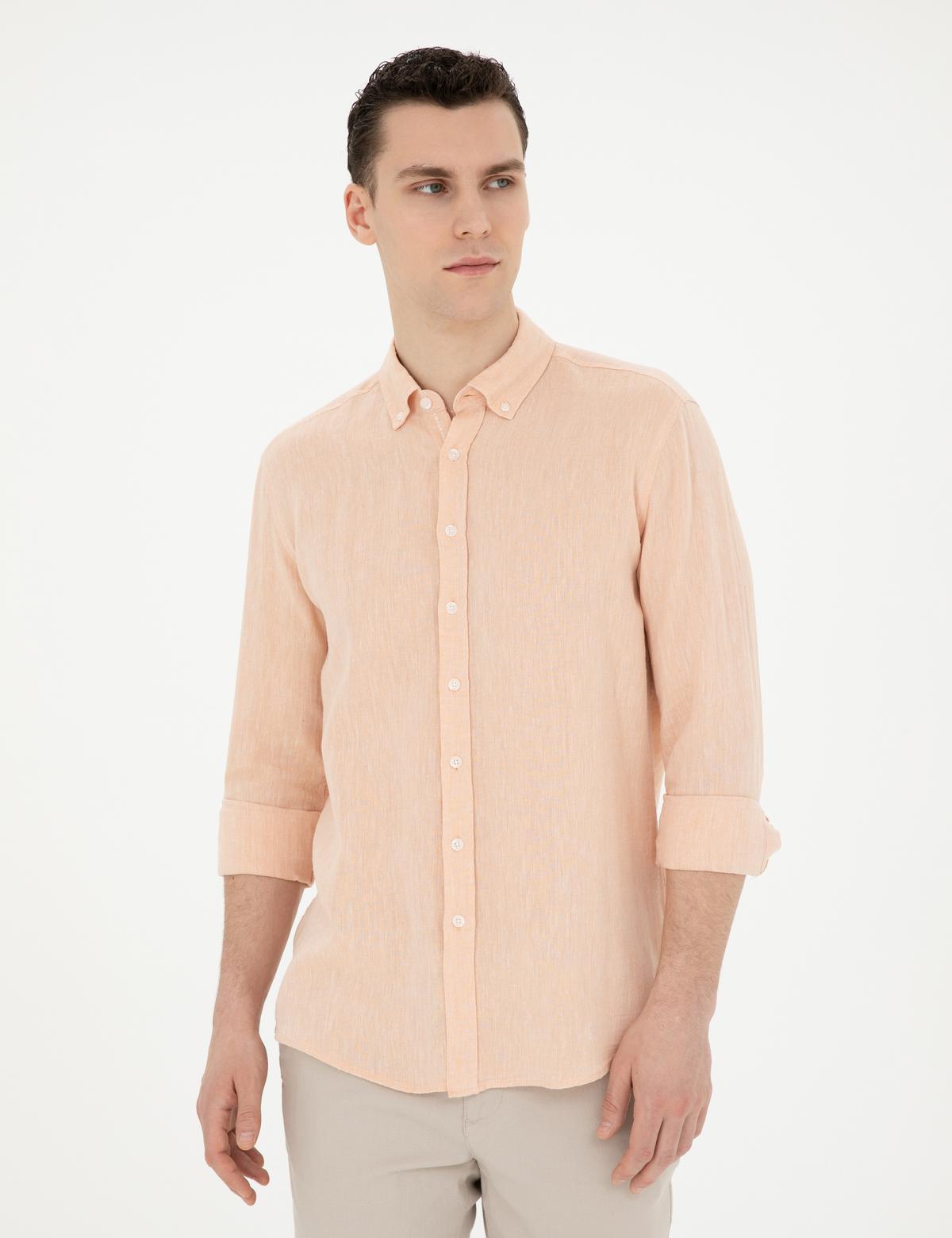 Yavruağzı Keten Karışımlı Regular Fit Uzun Kollu Gömlek - 50287991033