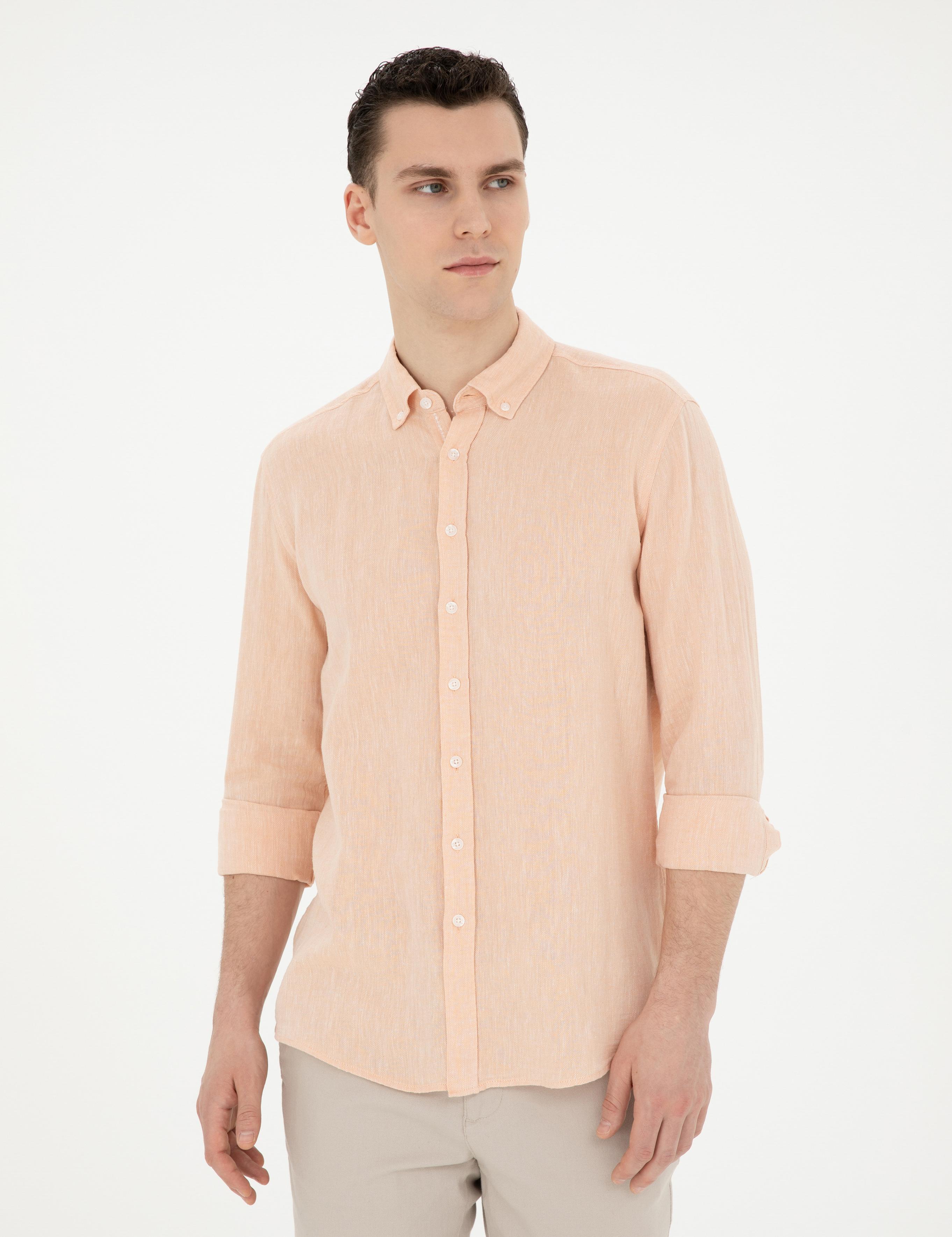 Yavruağzı Keten Karışımlı Regular Fit Uzun Kollu Gömlek