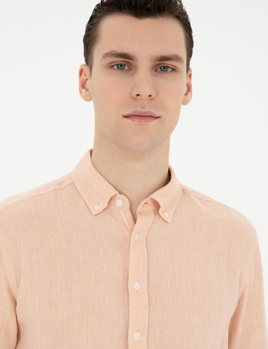 Yavruağzı Keten Karışımlı Regular Fit Uzun Kollu Gömlek