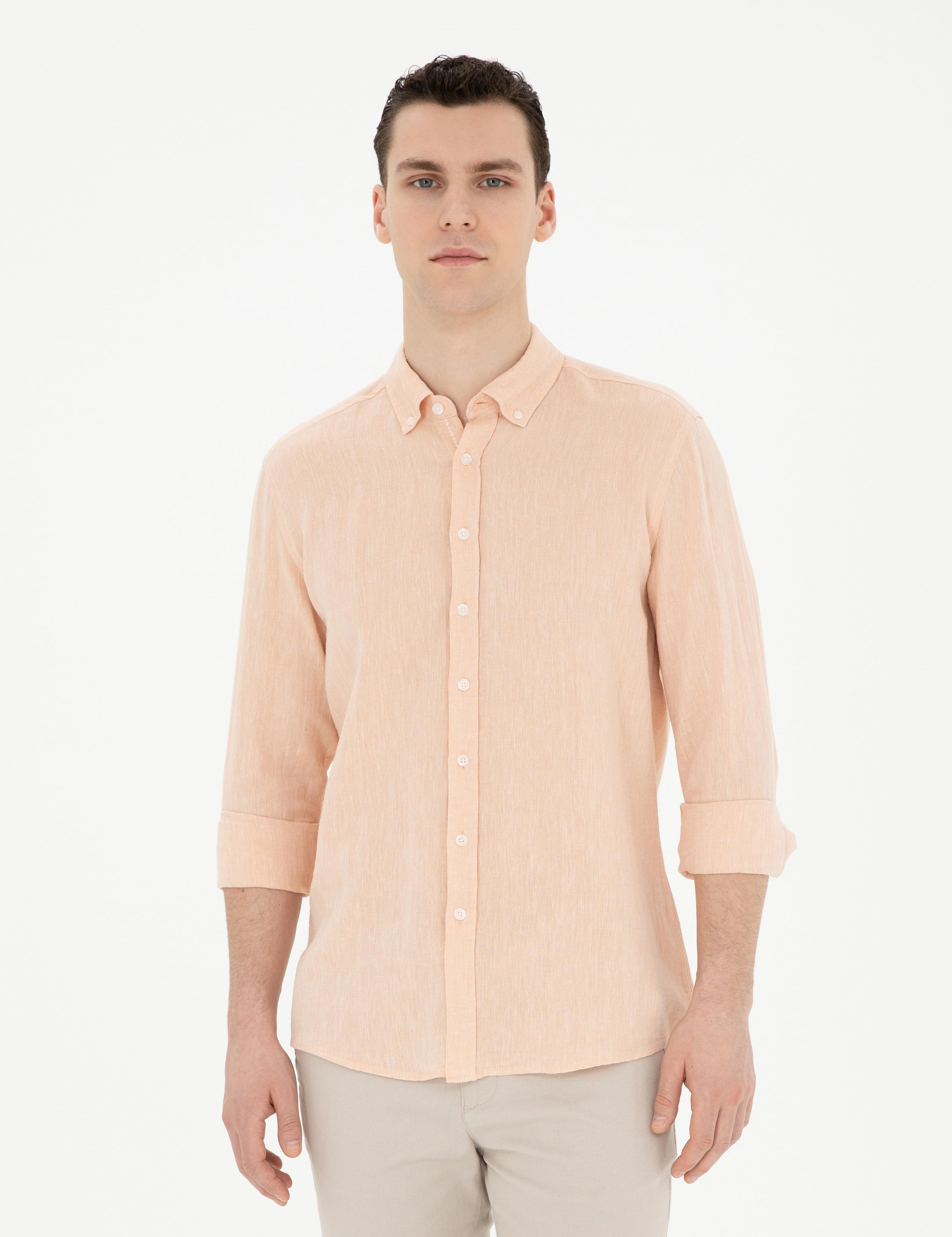 Yavruağzı Keten Karışımlı Regular Fit Uzun Kollu Gömlek