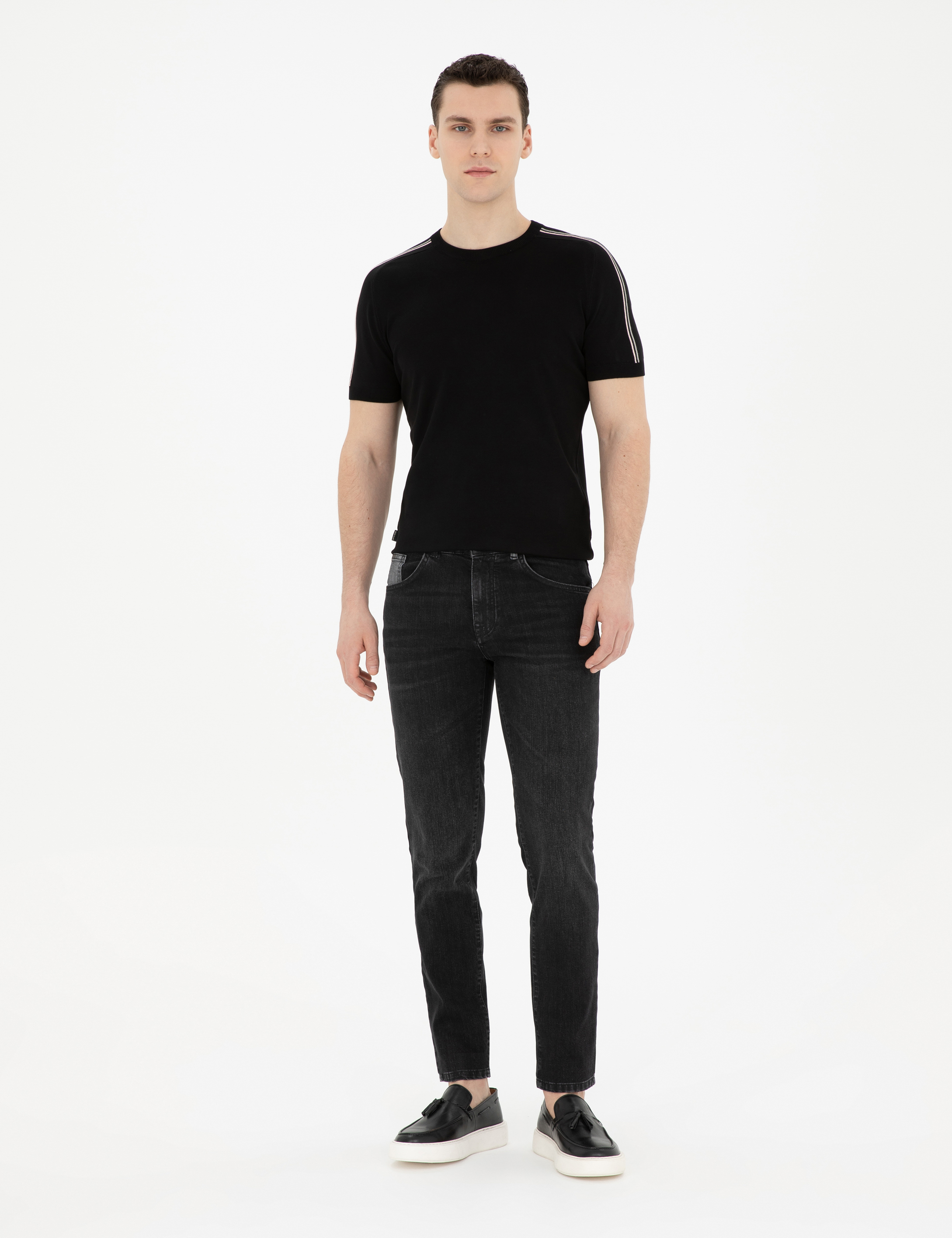 Siyah Slim Fit Bisiklet Yaka Triko Tişört - Image 4