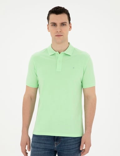 Fıstık Yeşili Slim Fit %100 Pamuk Basic Düğmeli Polo Yaka Basic Tişört