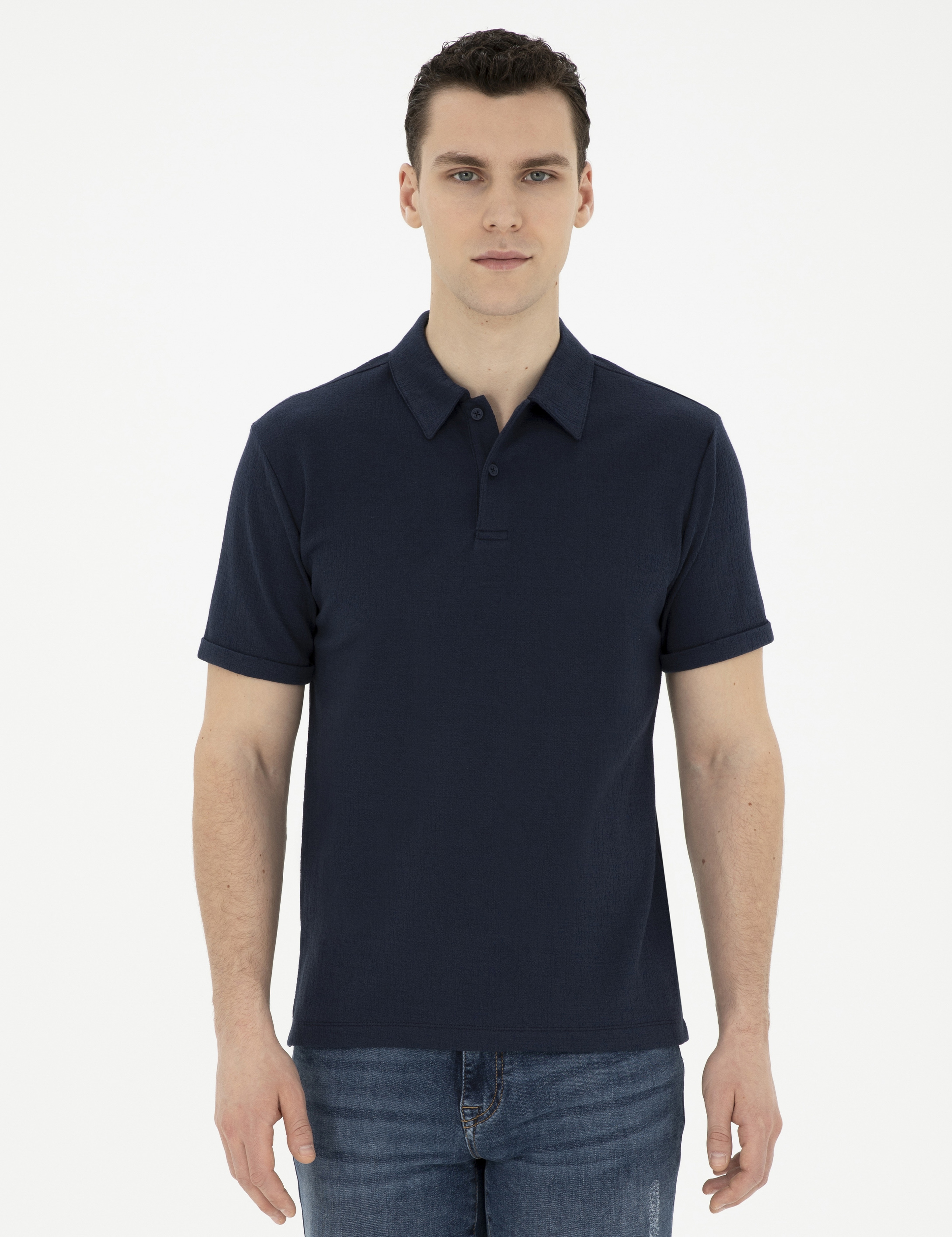 Lacivert Slim Fit Düğmeli Polo Yaka Tişört - Image 1