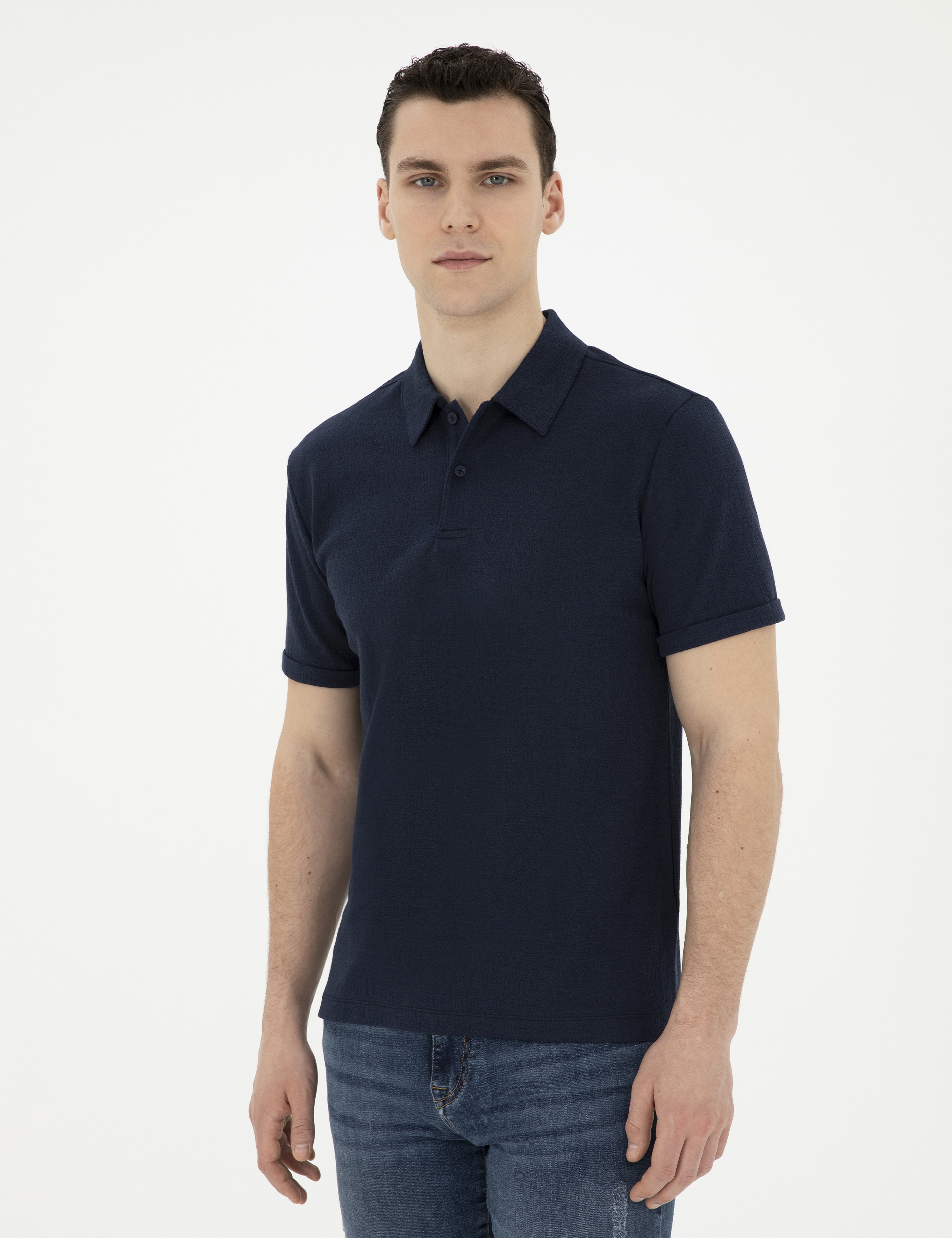 Lacivert Slim Fit Düğmeli Polo Yaka Tişört