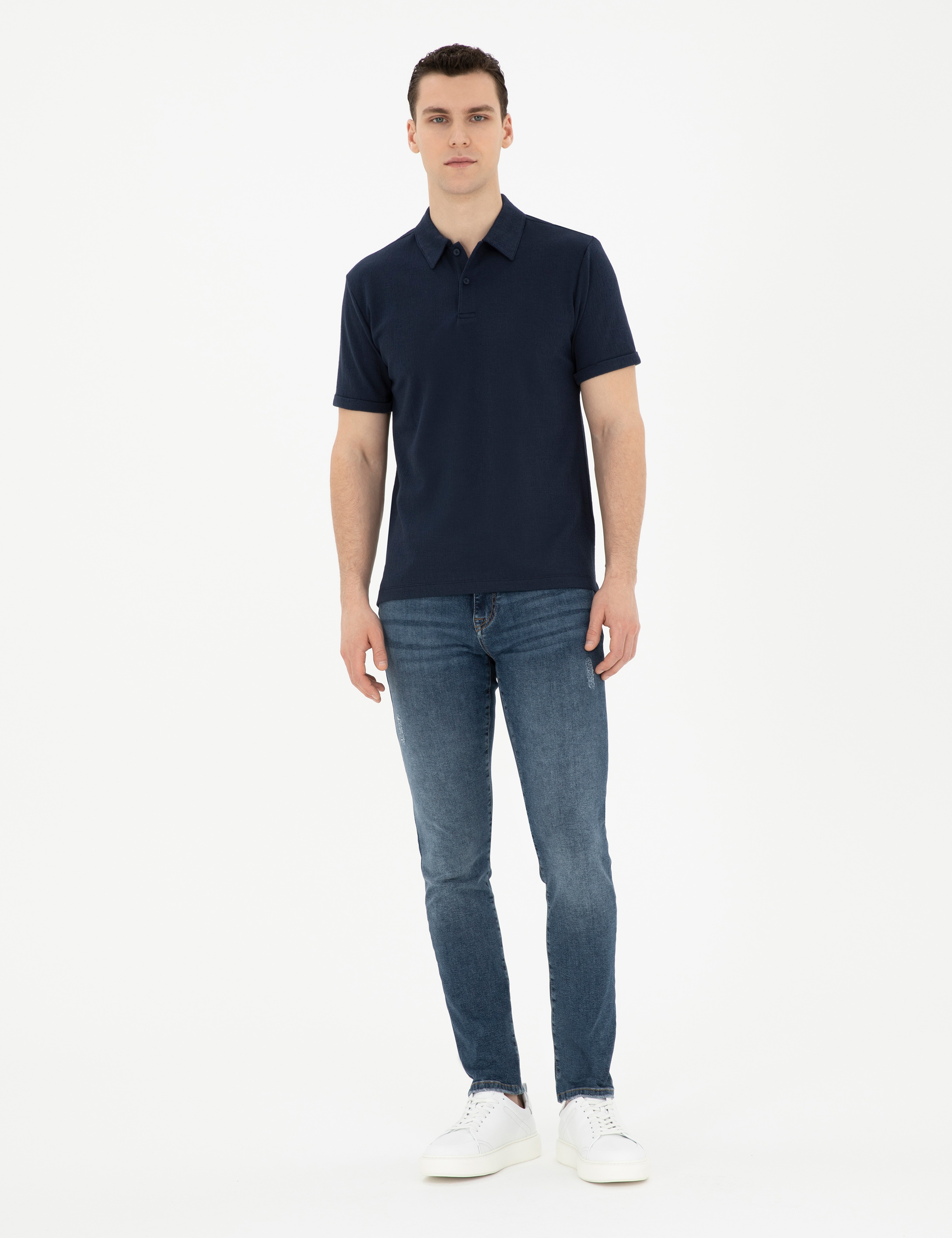 Lacivert Slim Fit Düğmeli Polo Yaka Tişört