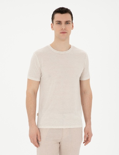 Bej Slim Fit Keten Karışımlı  Bisiklet Yaka Basic Tişört