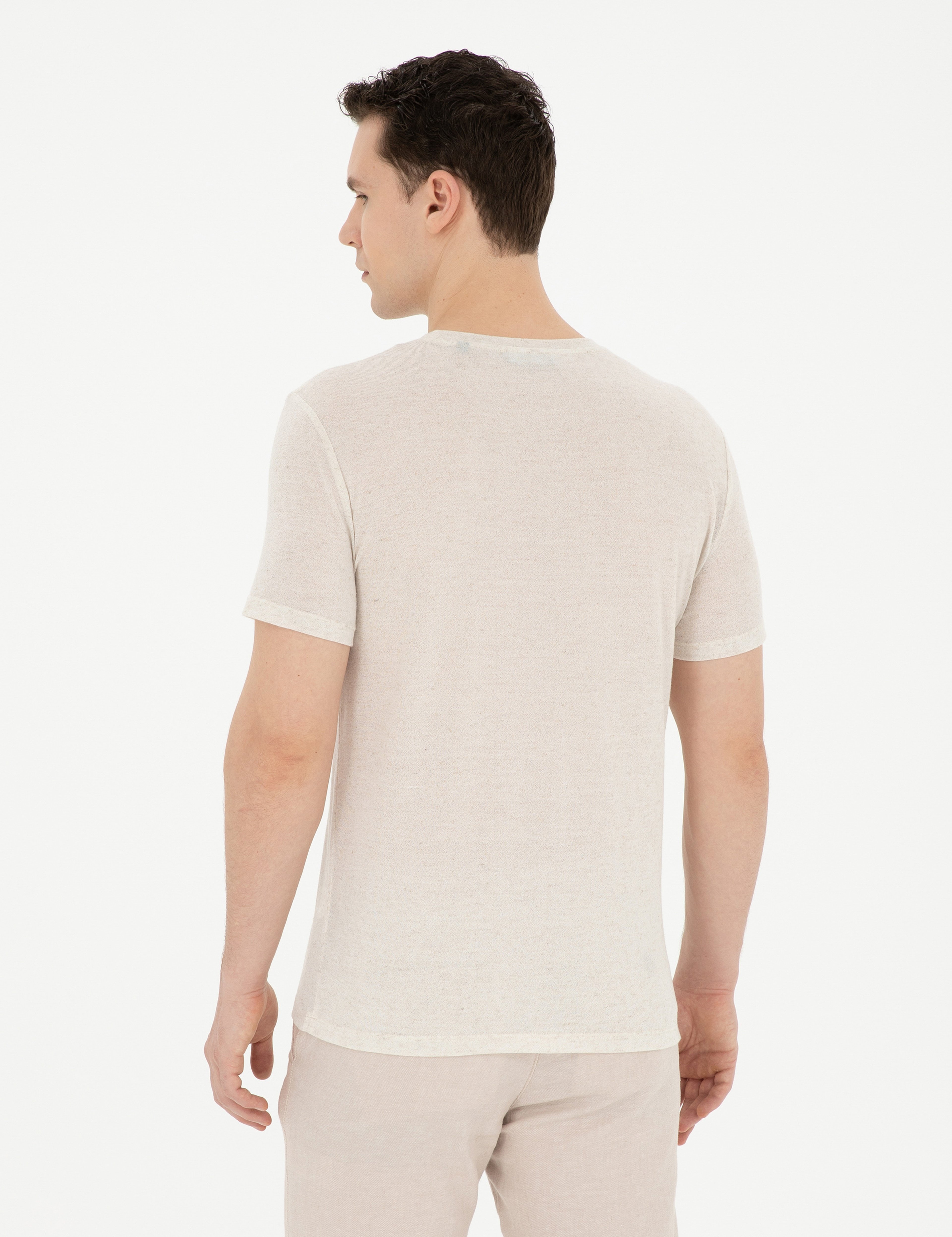 Bej Slim Fit Basic Tişört - Image 5