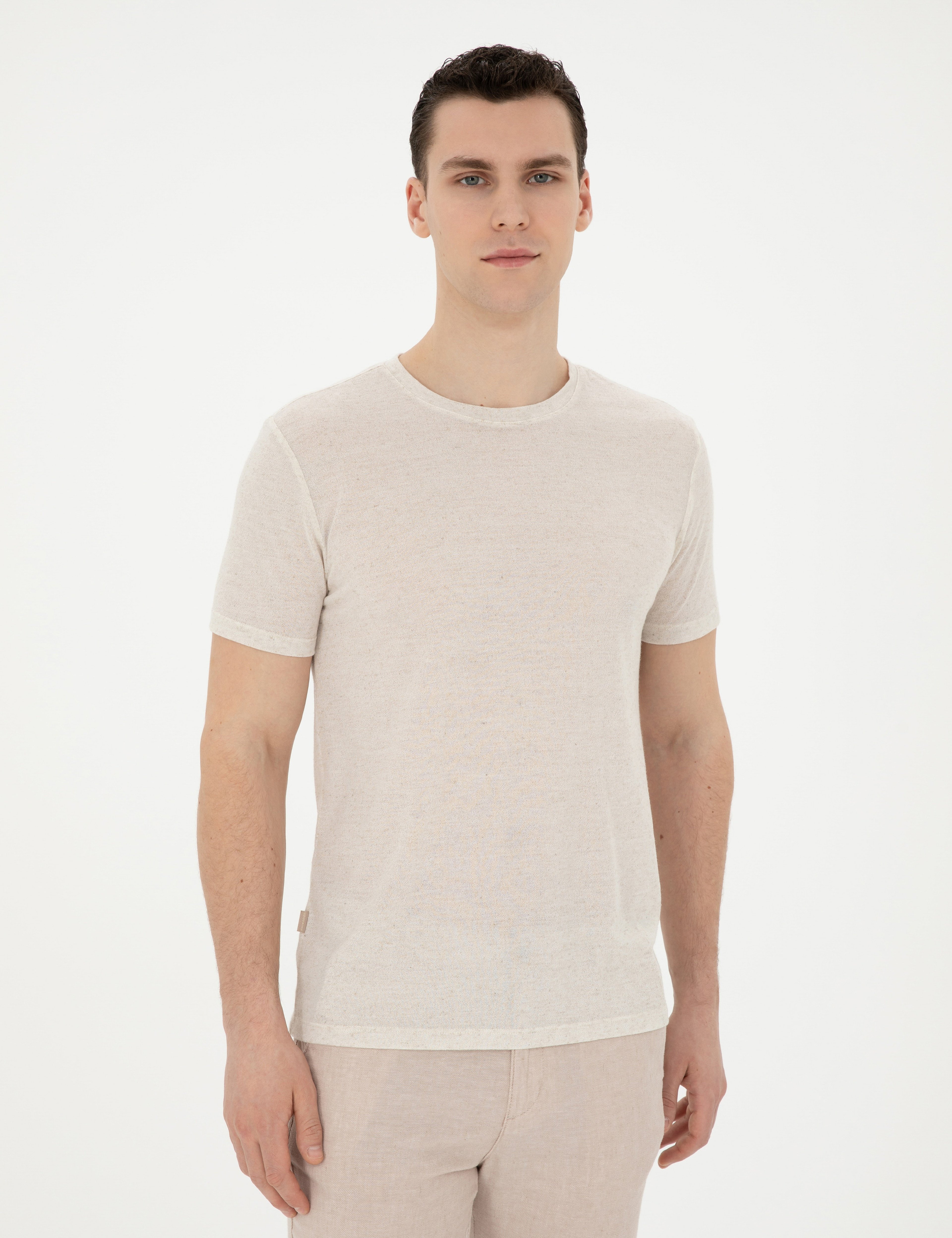 Bej Slim Fit Basic Tişört - Image 3