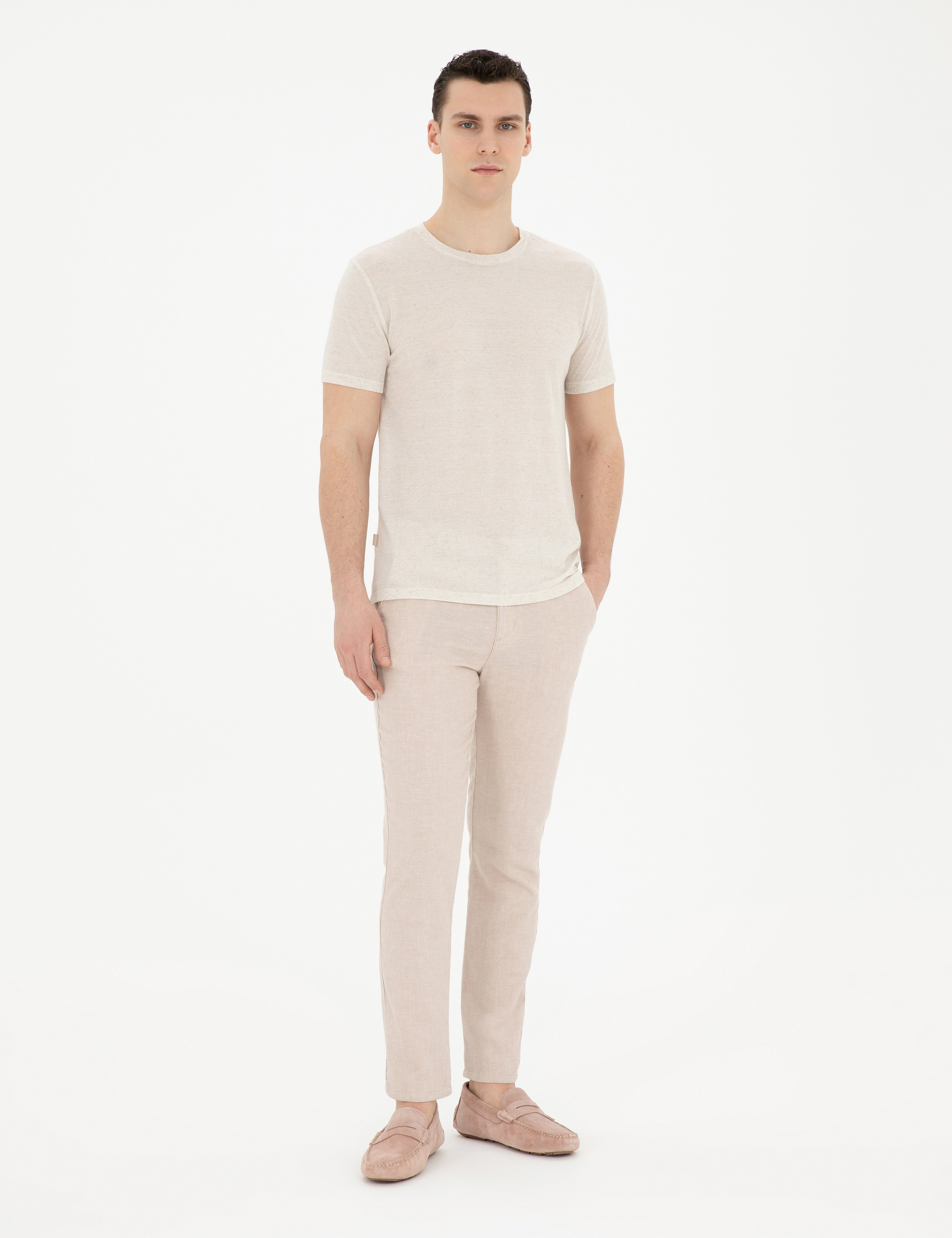 Bej Slim Fit Keten Karışımlı Kanvas Pantolon - Image 3