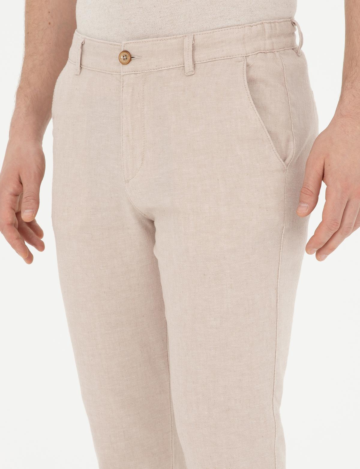 Bej Slim Fit Keten Karışımlı Kanvas Pantolon - 50284261389