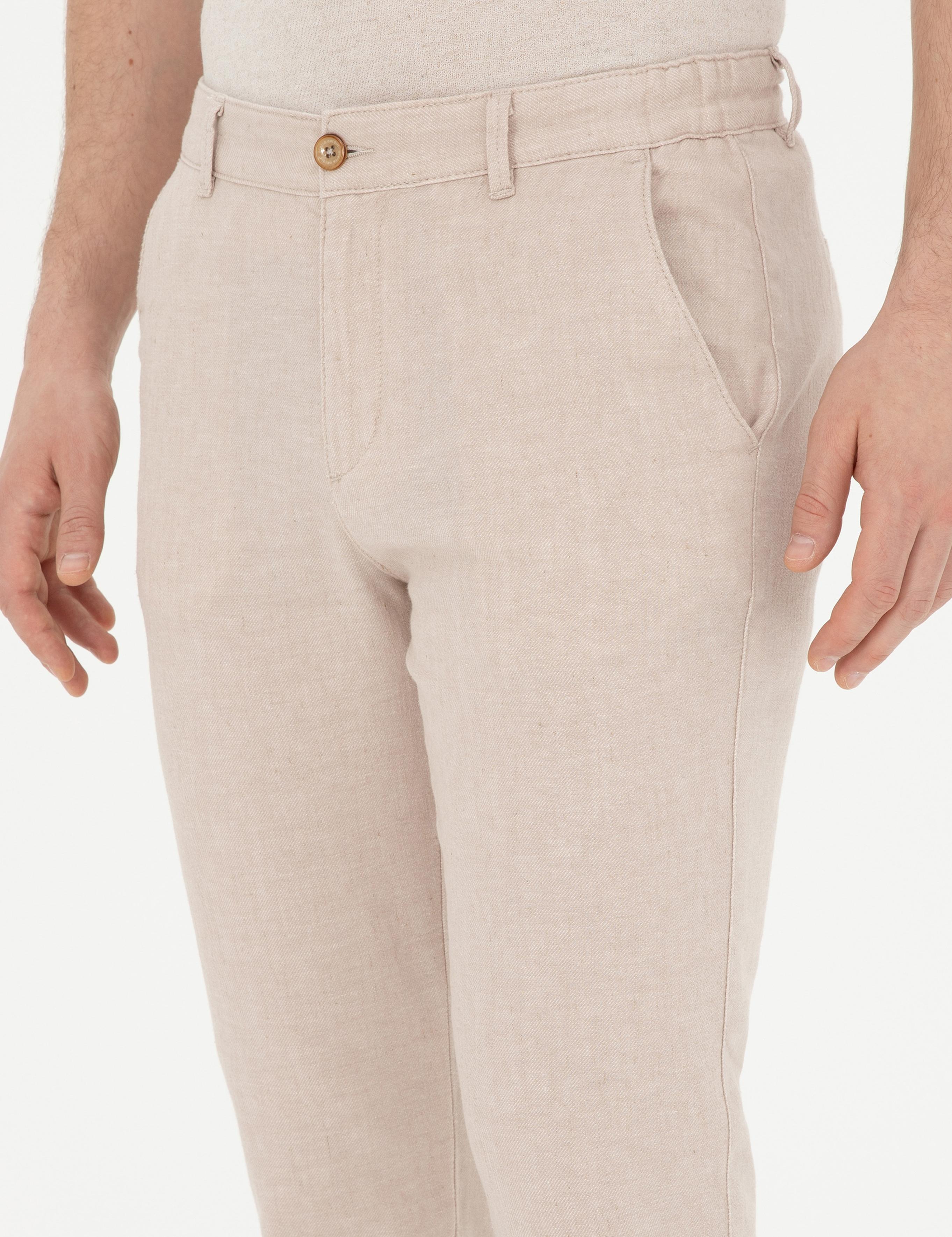 Bej Slim Fit Keten Karışımlı Kanvas Pantolon