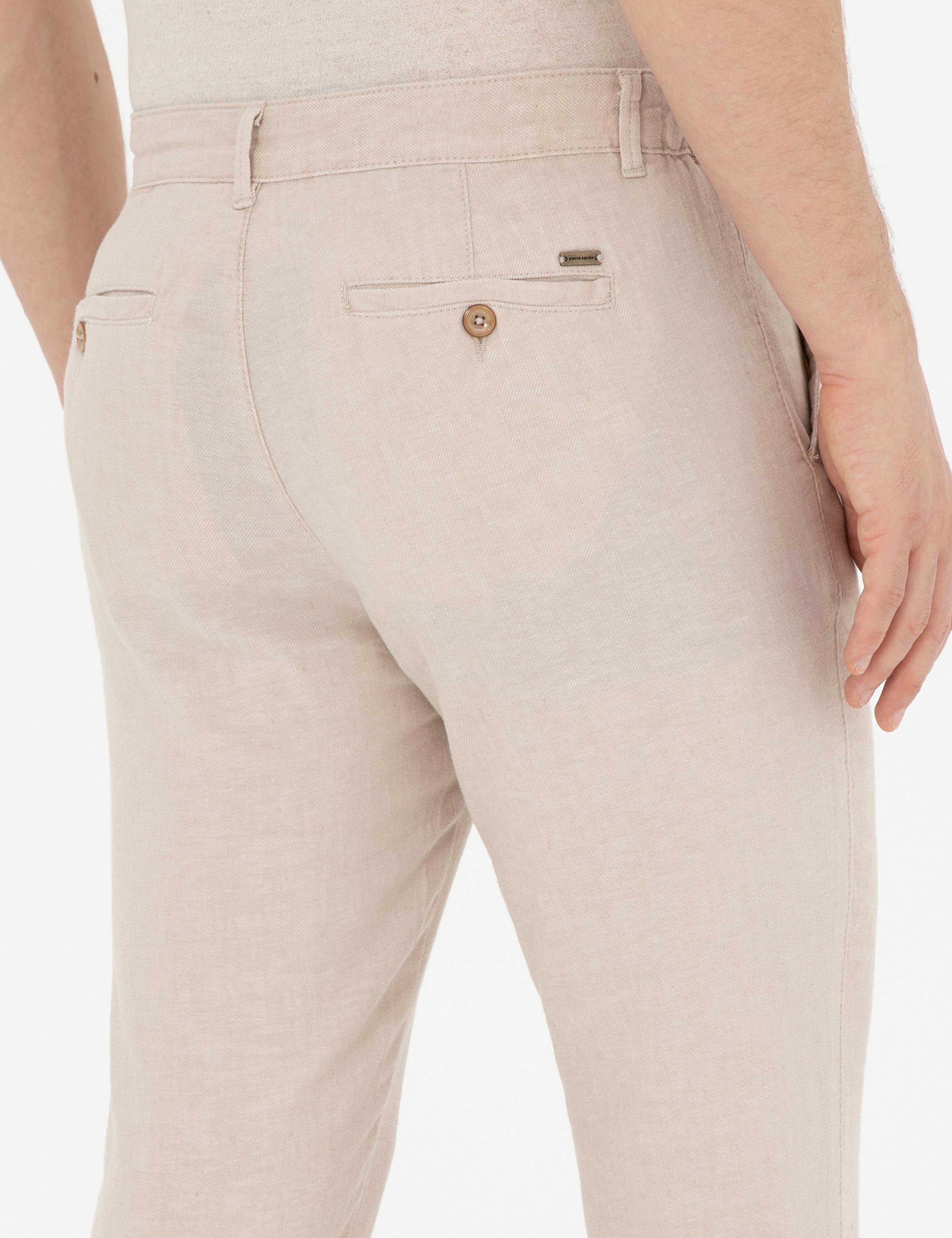 Bej Slim Fit Keten Karışımlı Kanvas Pantolon