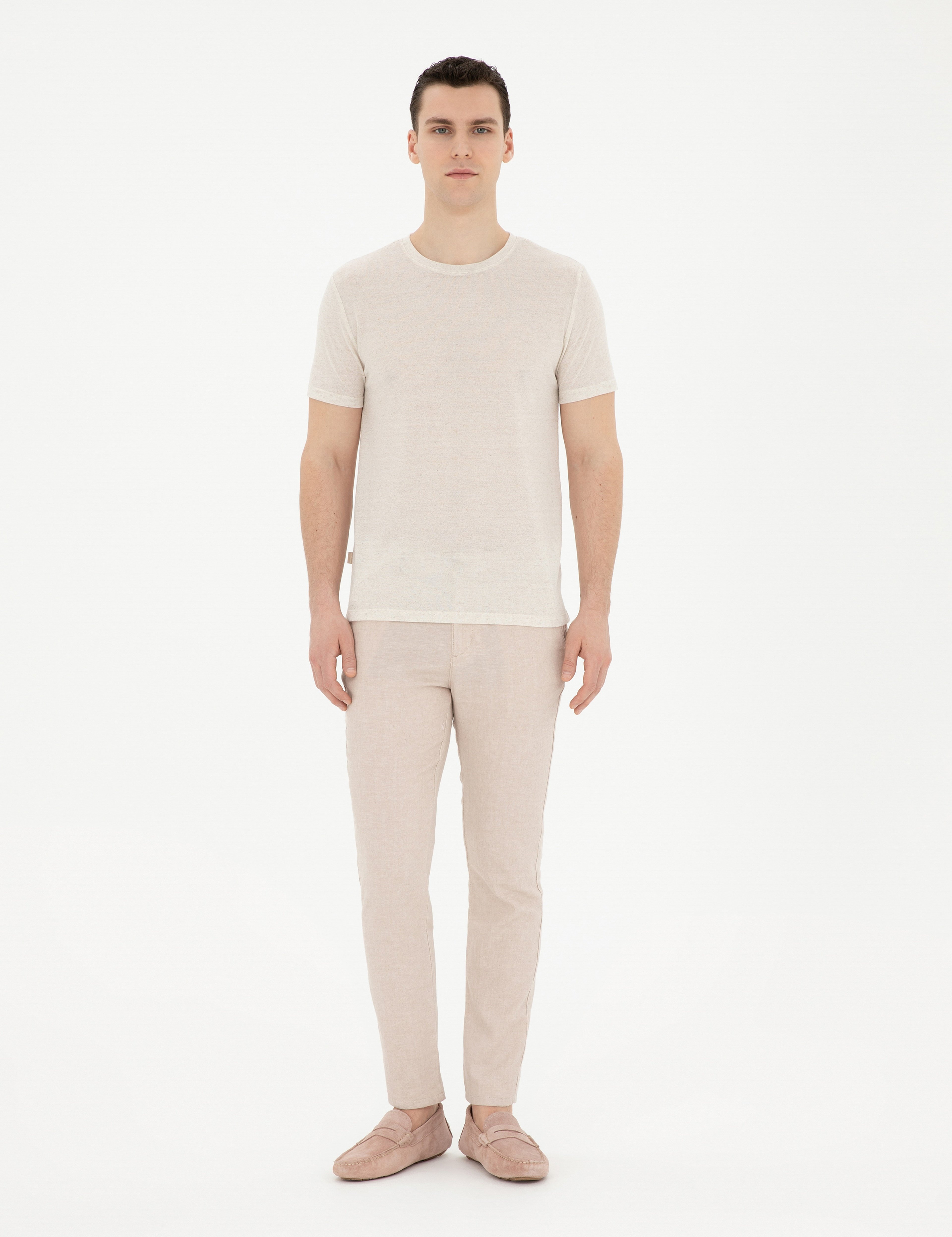 Bej Slim Fit Keten Karışımlı Kanvas Pantolon - Image 1