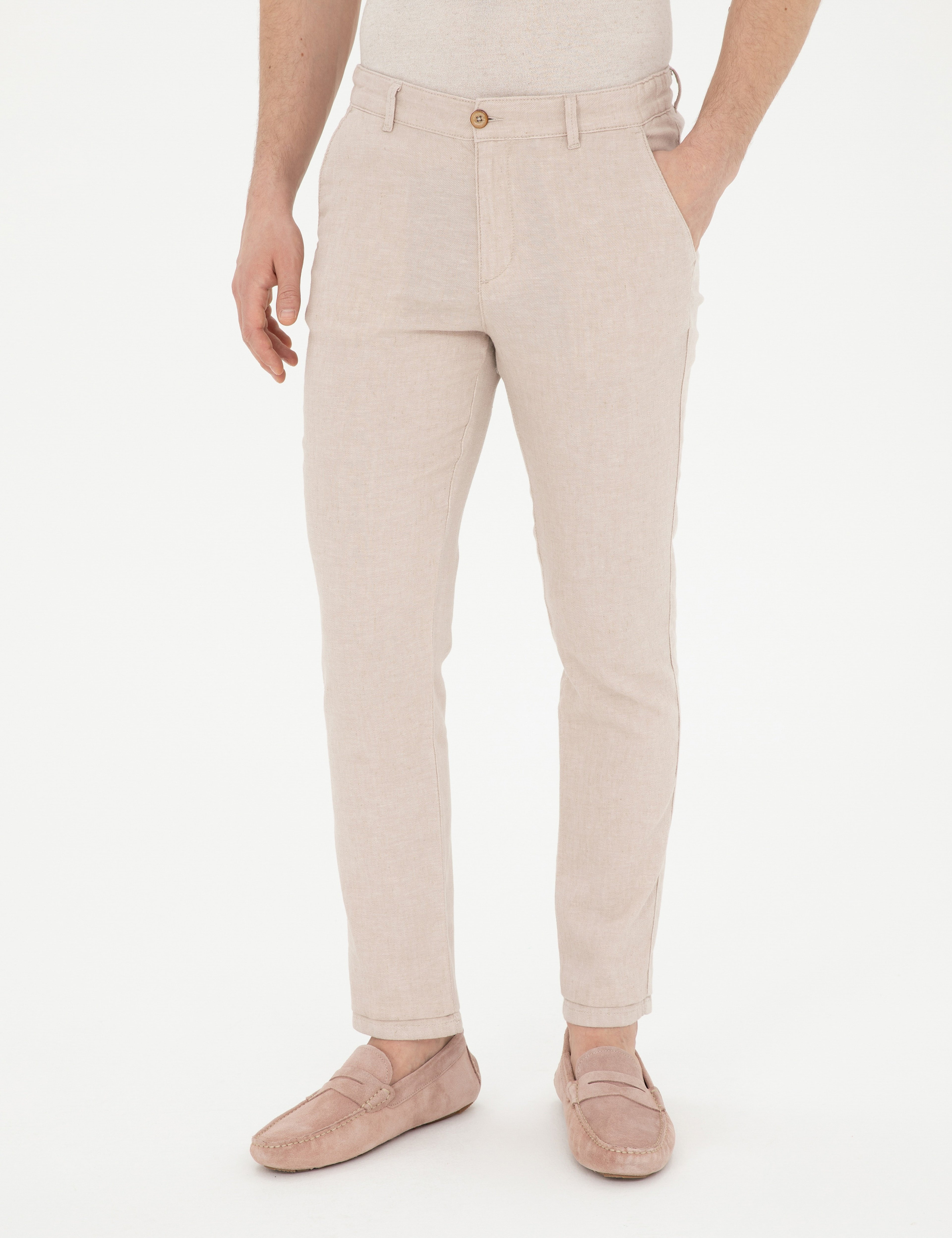 Bej Slim Fit Keten Karışımlı Kanvas Pantolon