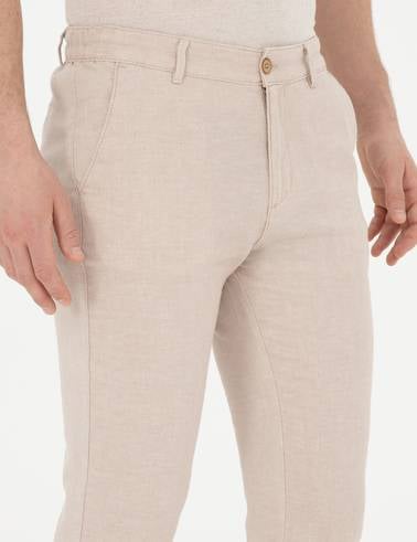 Bej Slim Fit Keten Karışımlı Kanvas Pantolon