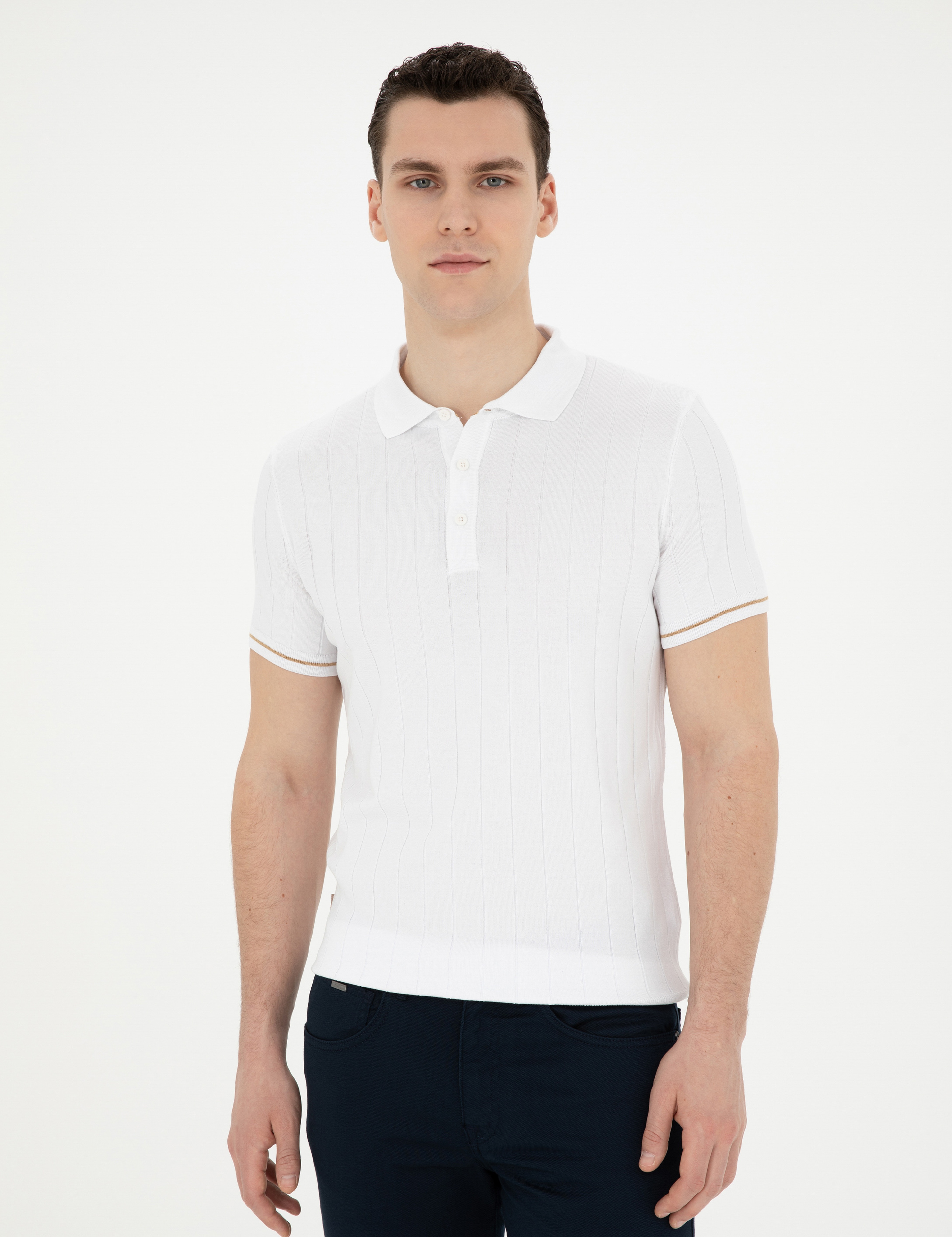 Ekru Slim Fit Düğmeli Polo Yaka Triko Tişört - Image 3