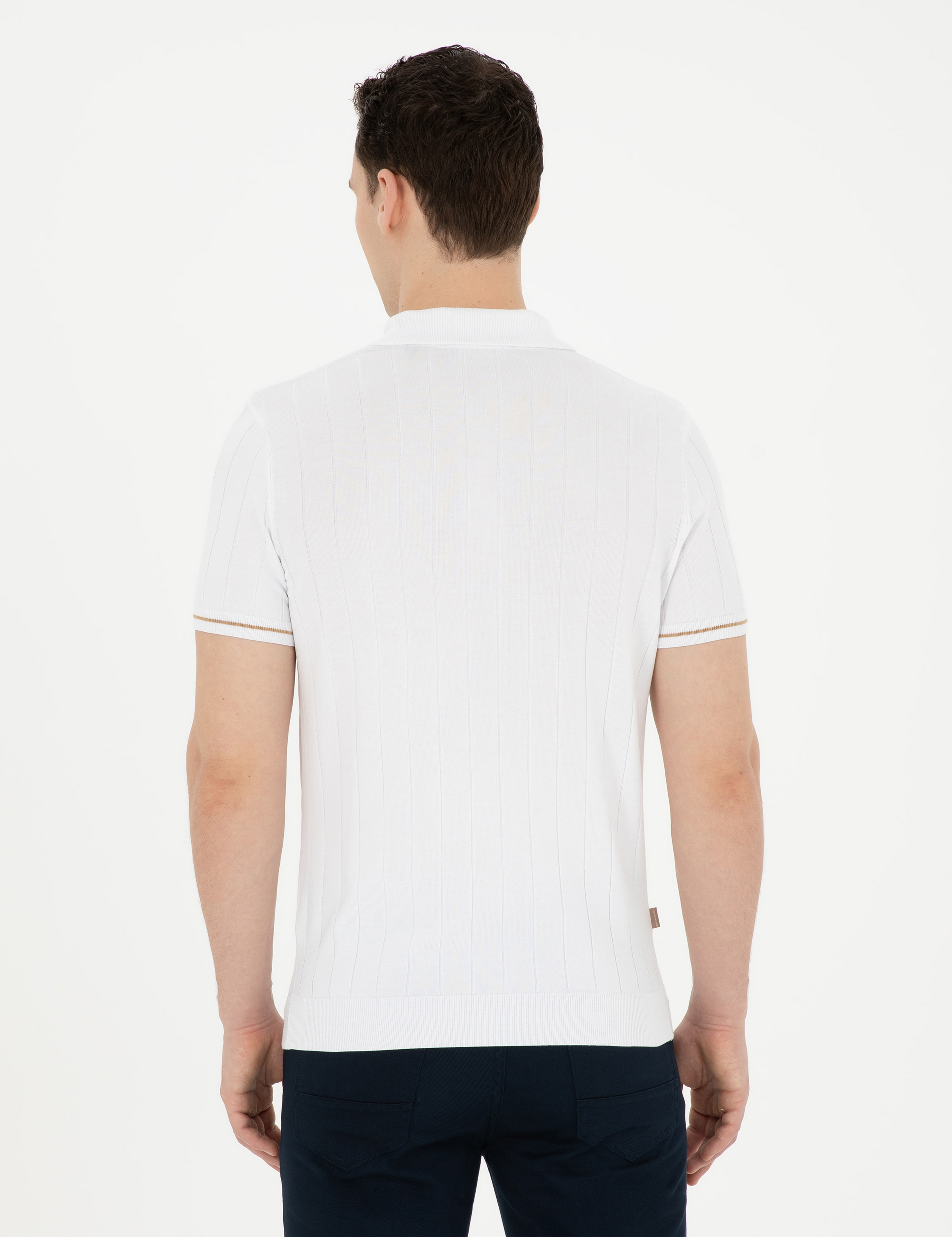 Ekru Slim Fit Düğmeli Polo Yaka Triko Tişört - Image 5