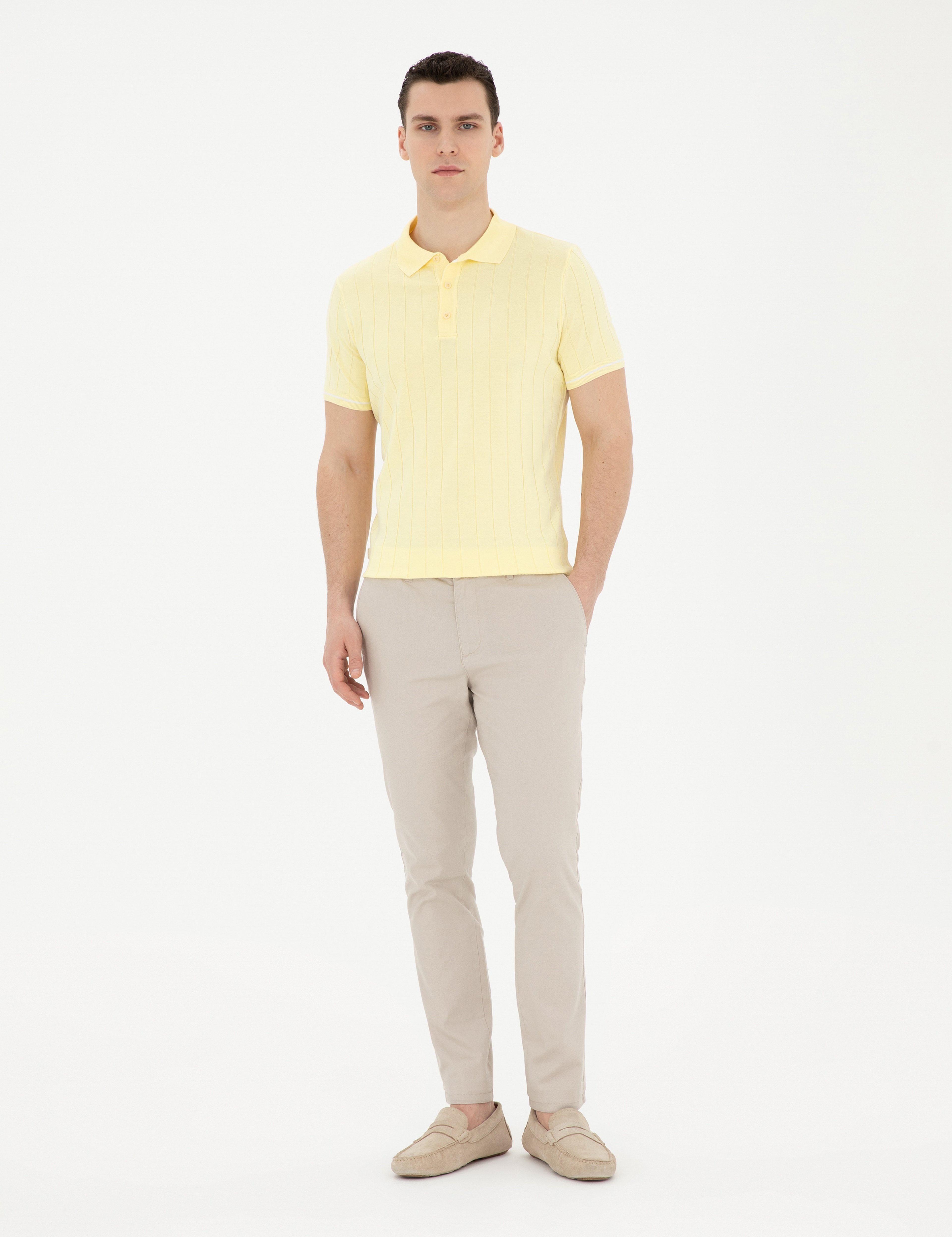 Sarı Slim Fit Düğmeli Polo Yaka Triko Tişört - Image 4