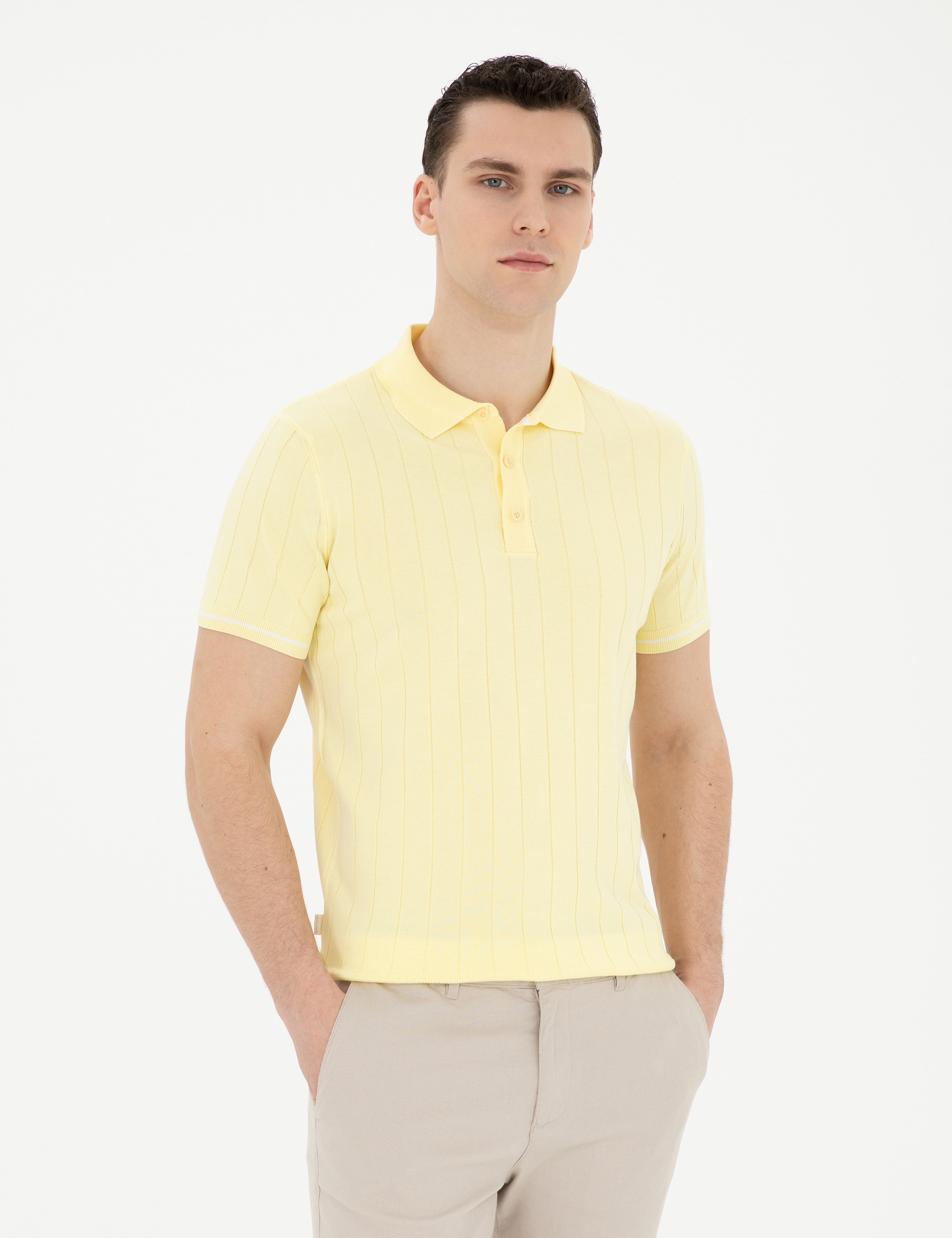 Sarı Slim Fit Düğmeli Polo Yaka Triko Tişört - Image 3
