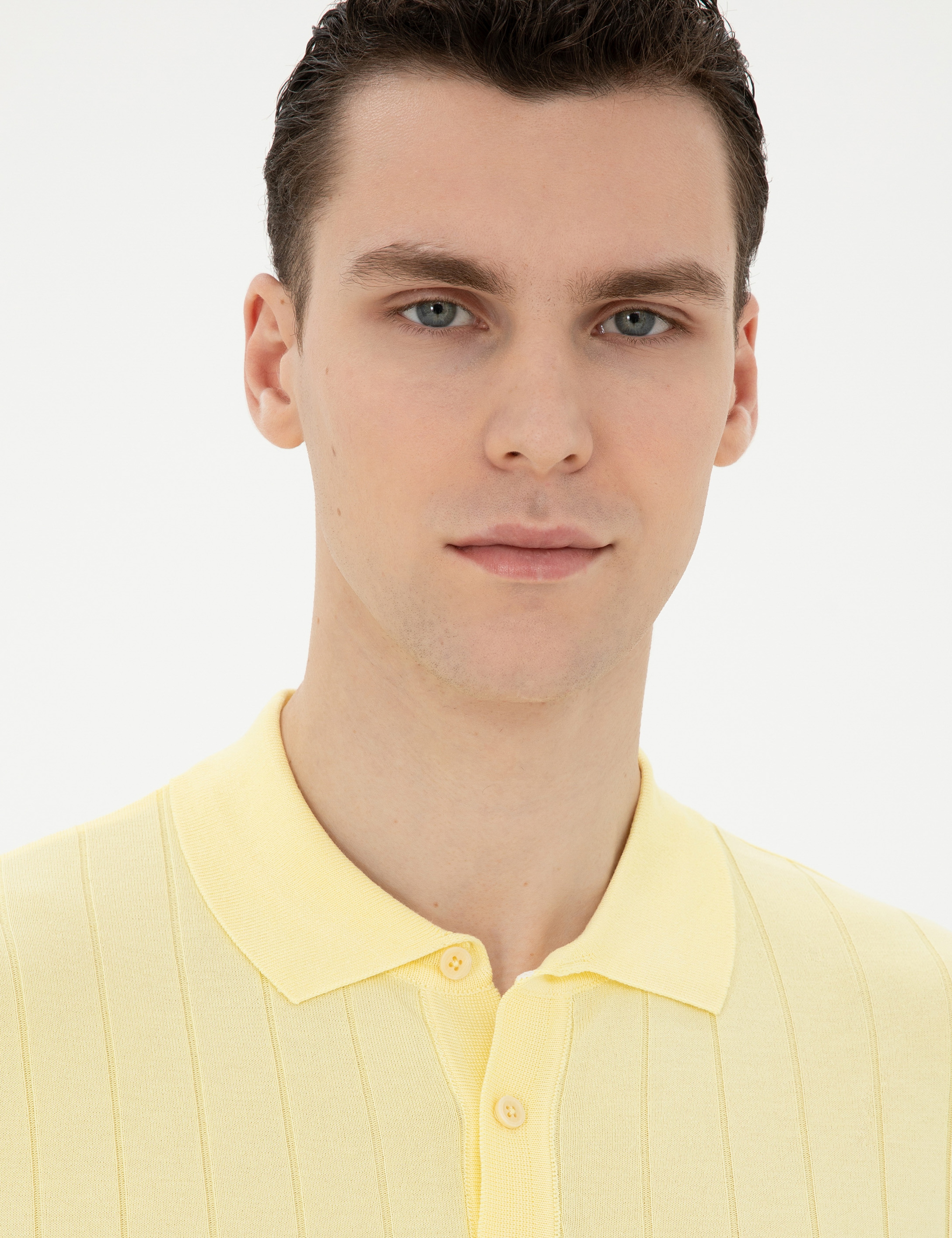 Sarı Slim Fit Düğmeli Polo Yaka Triko Tişört - Image 2